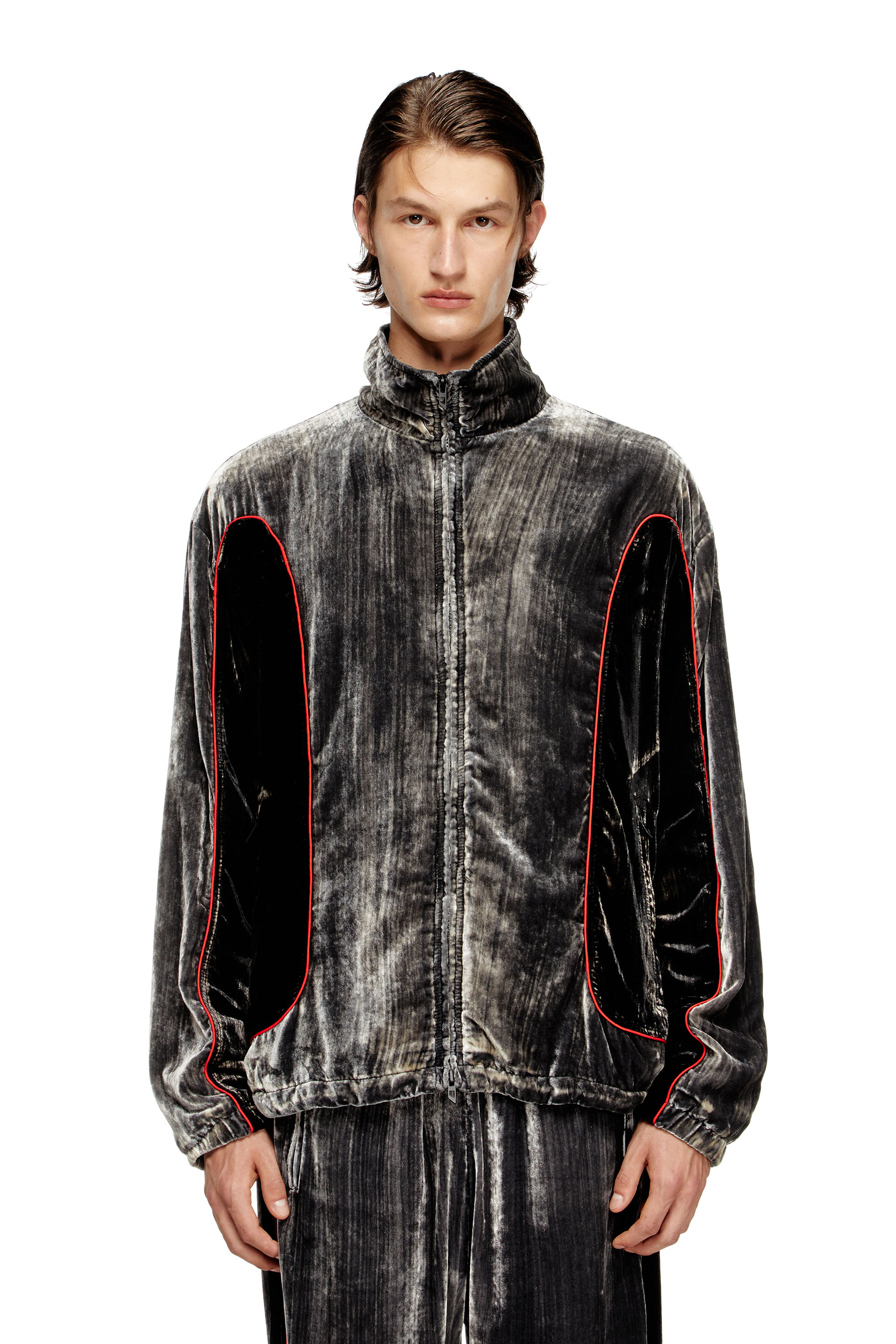Diesel - J-HAY, Man's Track jacket in treated velvet in Black/Red - 3