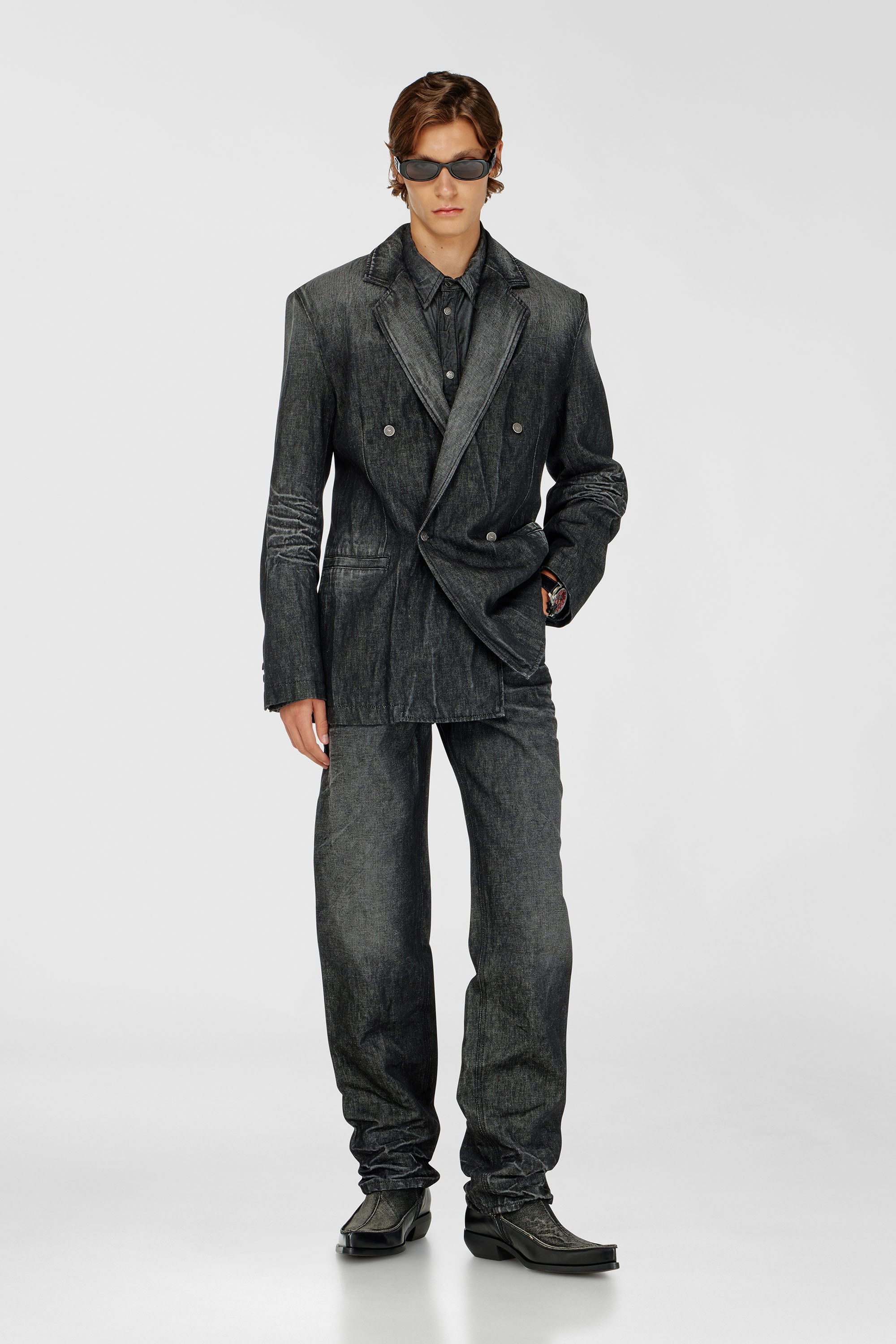 Diesel - D-KOT-FSJ, Man's Double-breasted blazer in creased denim in Black/Dark grey - 1