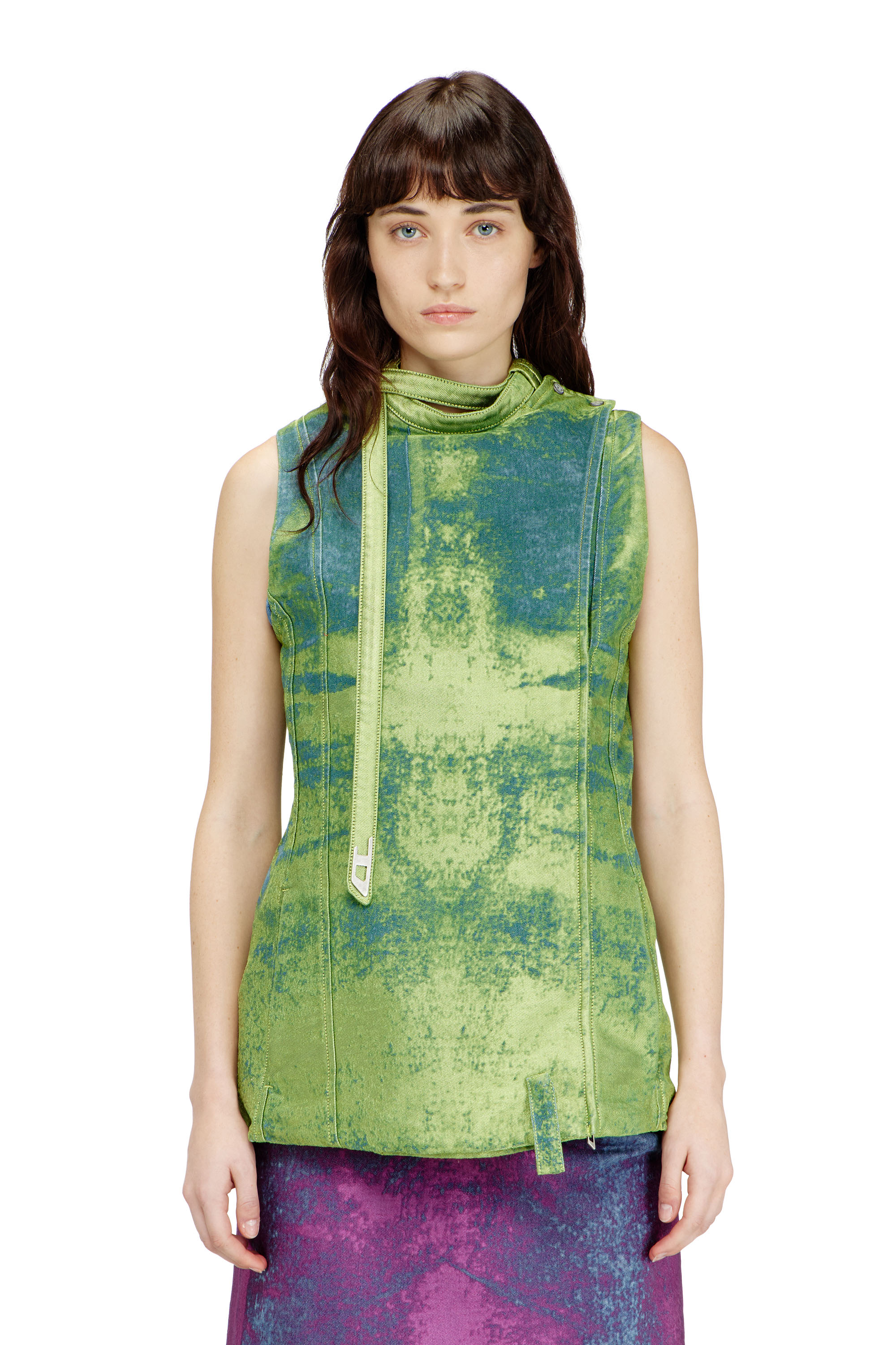 Diesel - DE-VANTOS-FSI, Woman's Belted vest in coloured satin denim in Green - 3