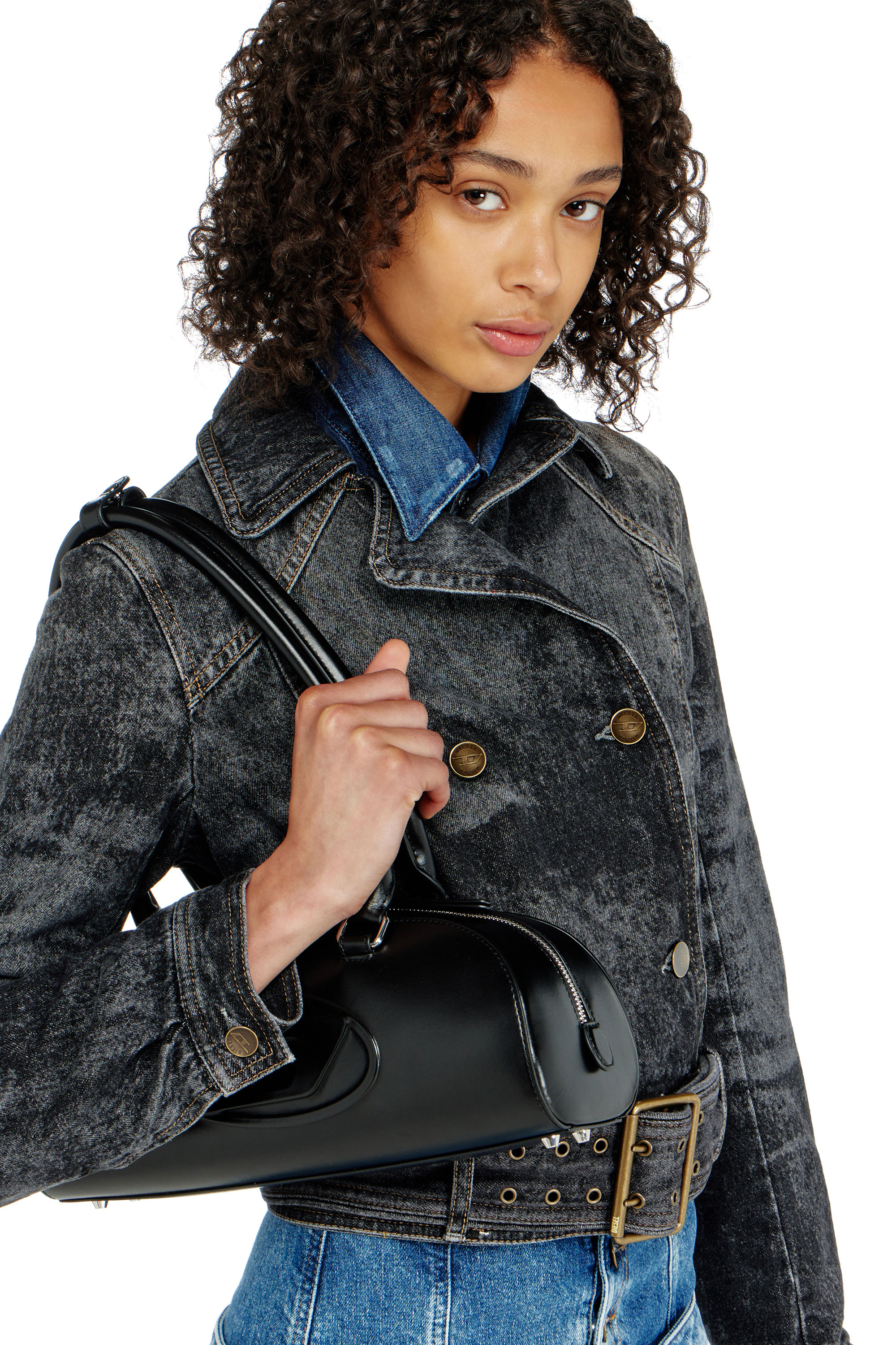 Diesel - DE-LEGEND-S, Woman's Cropped denim jacket with belt in Black/Dark grey - 4