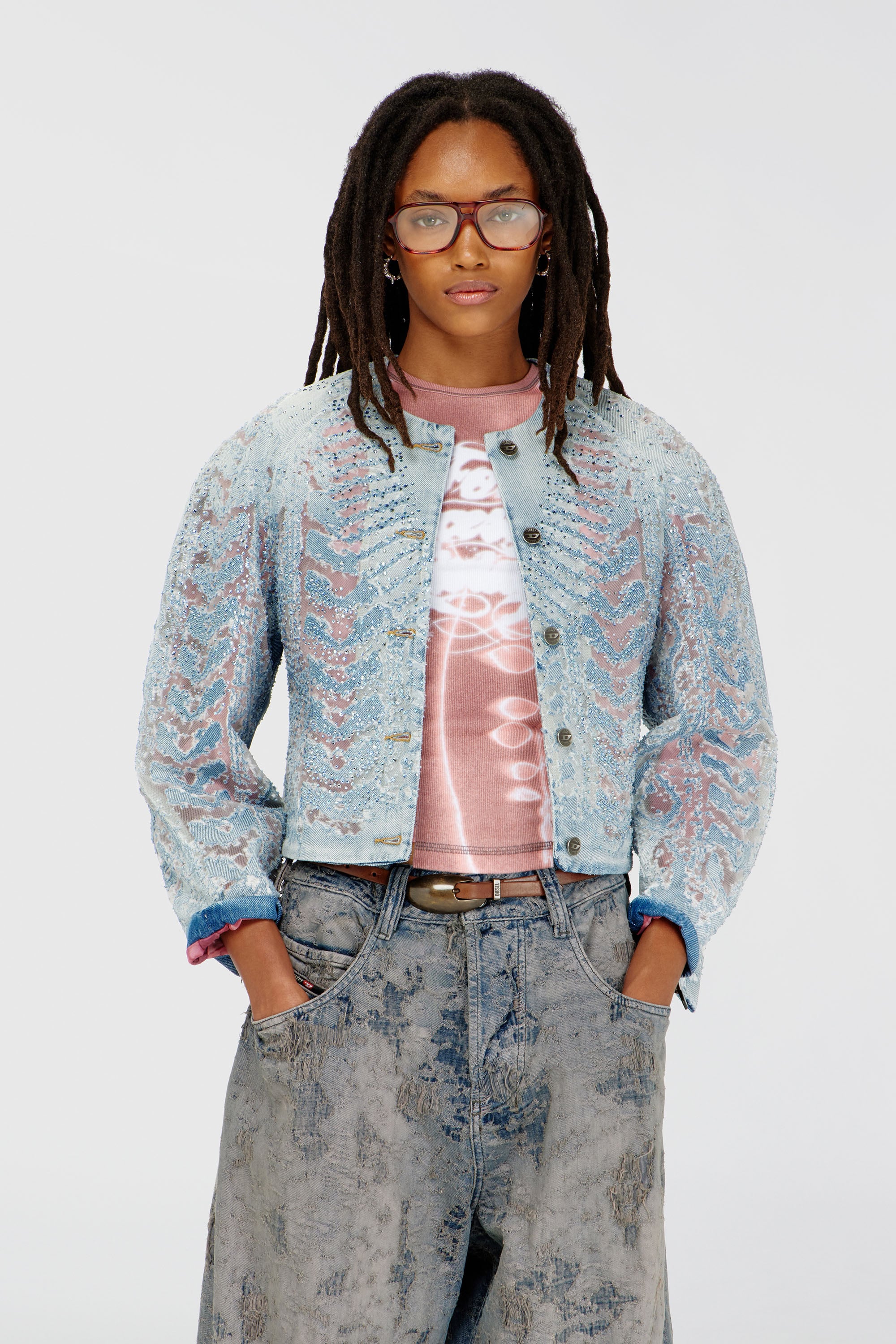 Diesel - DE-SOLIXIA-S, Woman's Jacket in microstone devor&eacute; denim in Light Blue - 1
