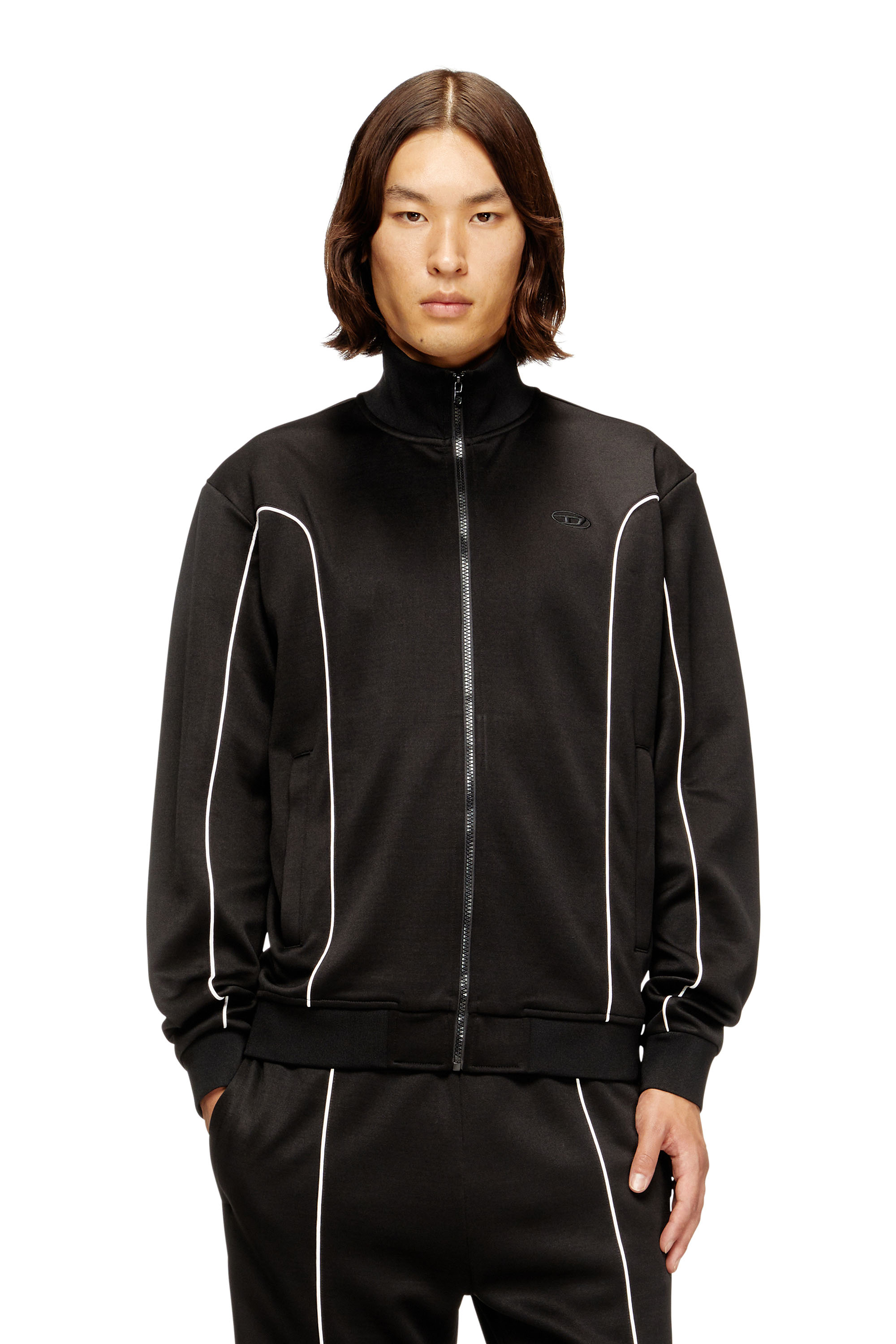 Diesel - S-LOCKING-DO, Man's Sweat fabric track jacket with contrast piping in Black - 1