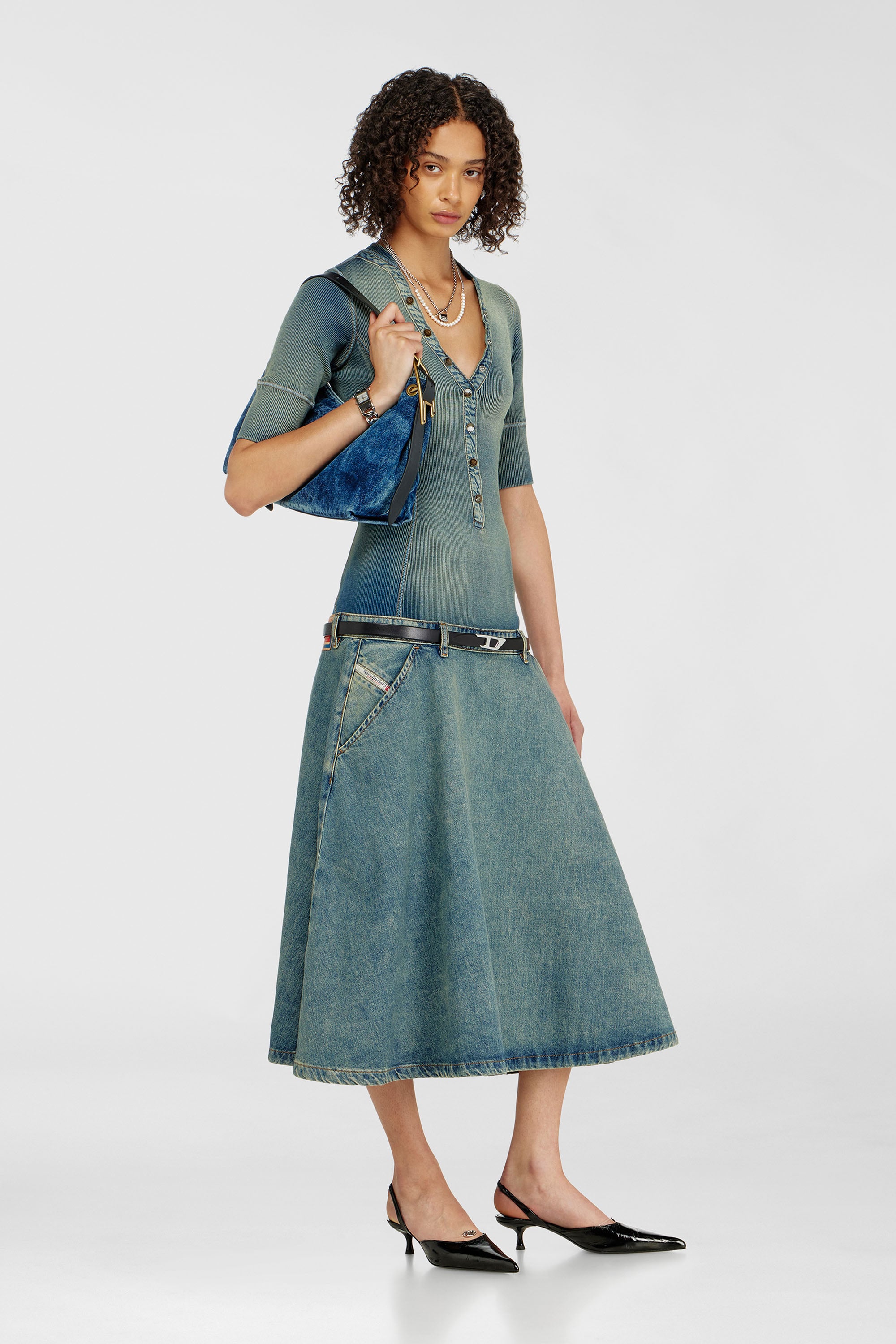 Diesel - DE-ANIM-S, Woman's Drop-waist midi dress in knit and denim in Medium blue - 1