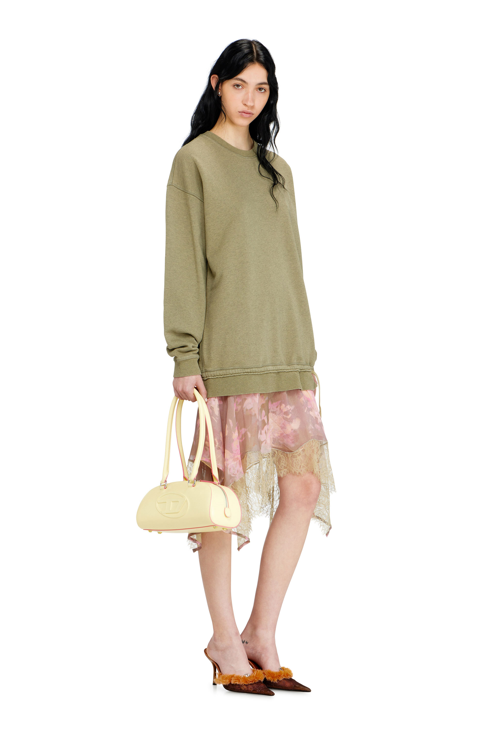 Diesel - D-ORELY, Woman's Sweatshirt dress with chiffon and lace skirt in Pink/Green - 2