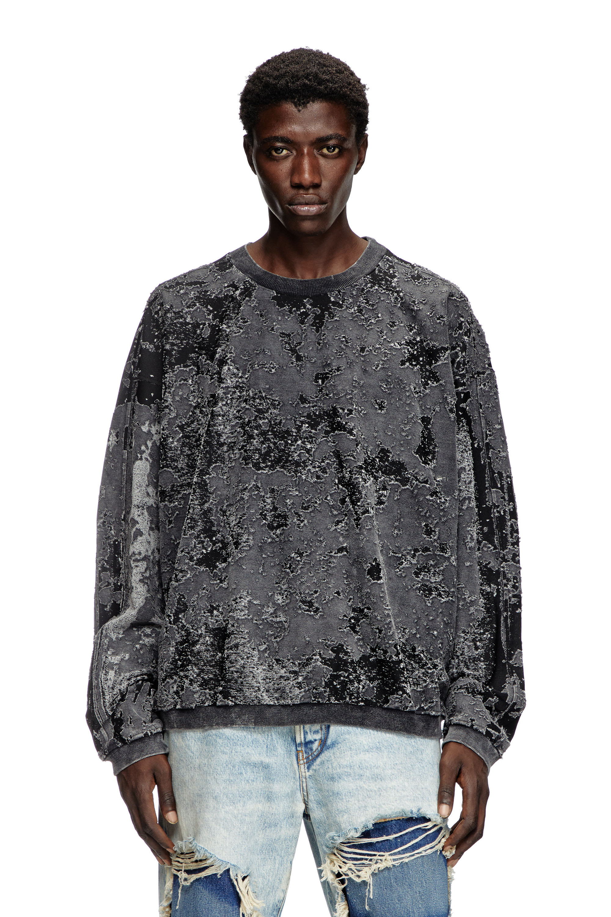 Diesel - S-ARISY, Man's Burnout sweatshirt with camo effect in Black - 1