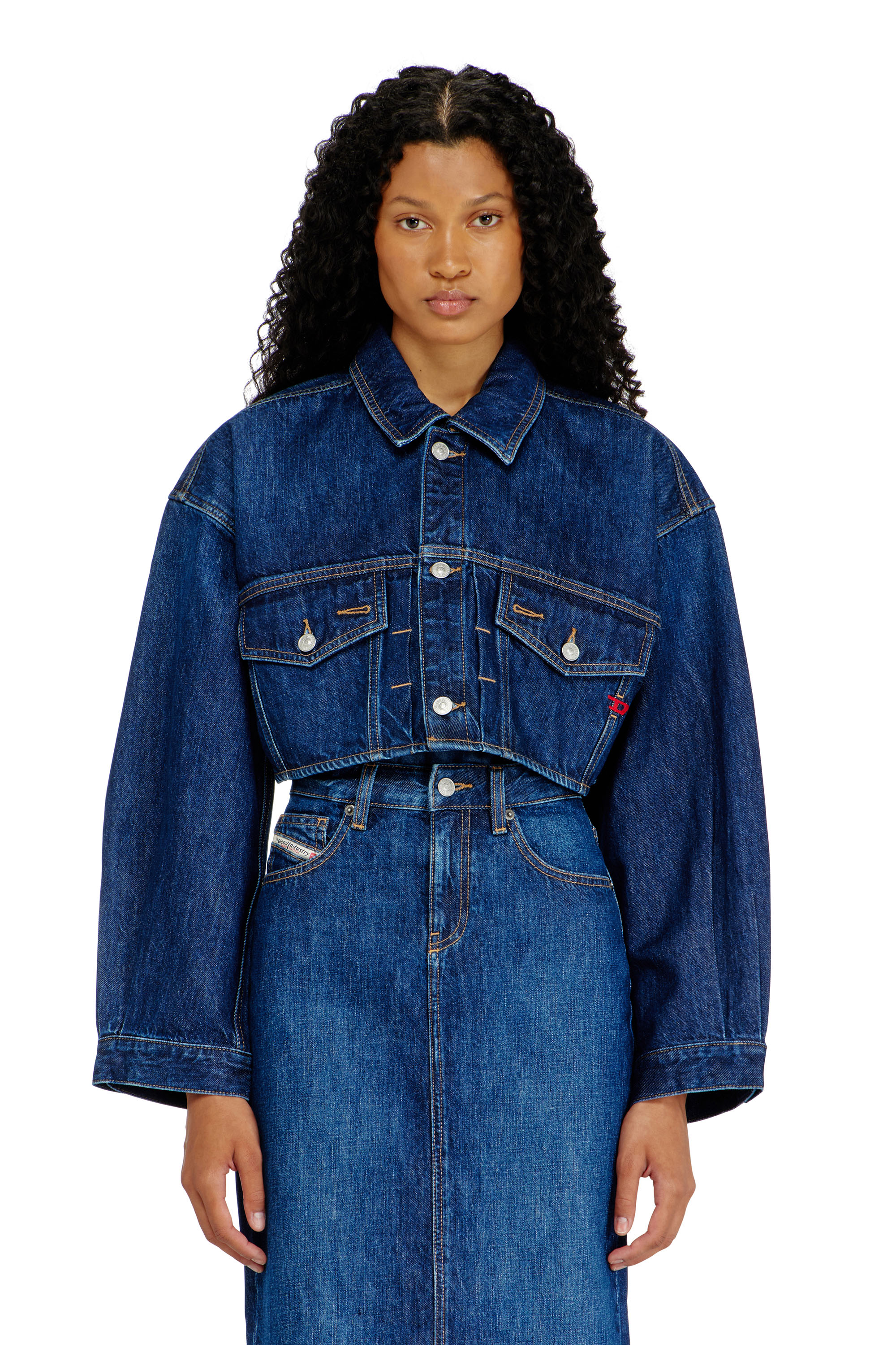 Diesel - DE-MALLEY, Woman's Cropped oversized denim trucker jacket in Medium blue - 1