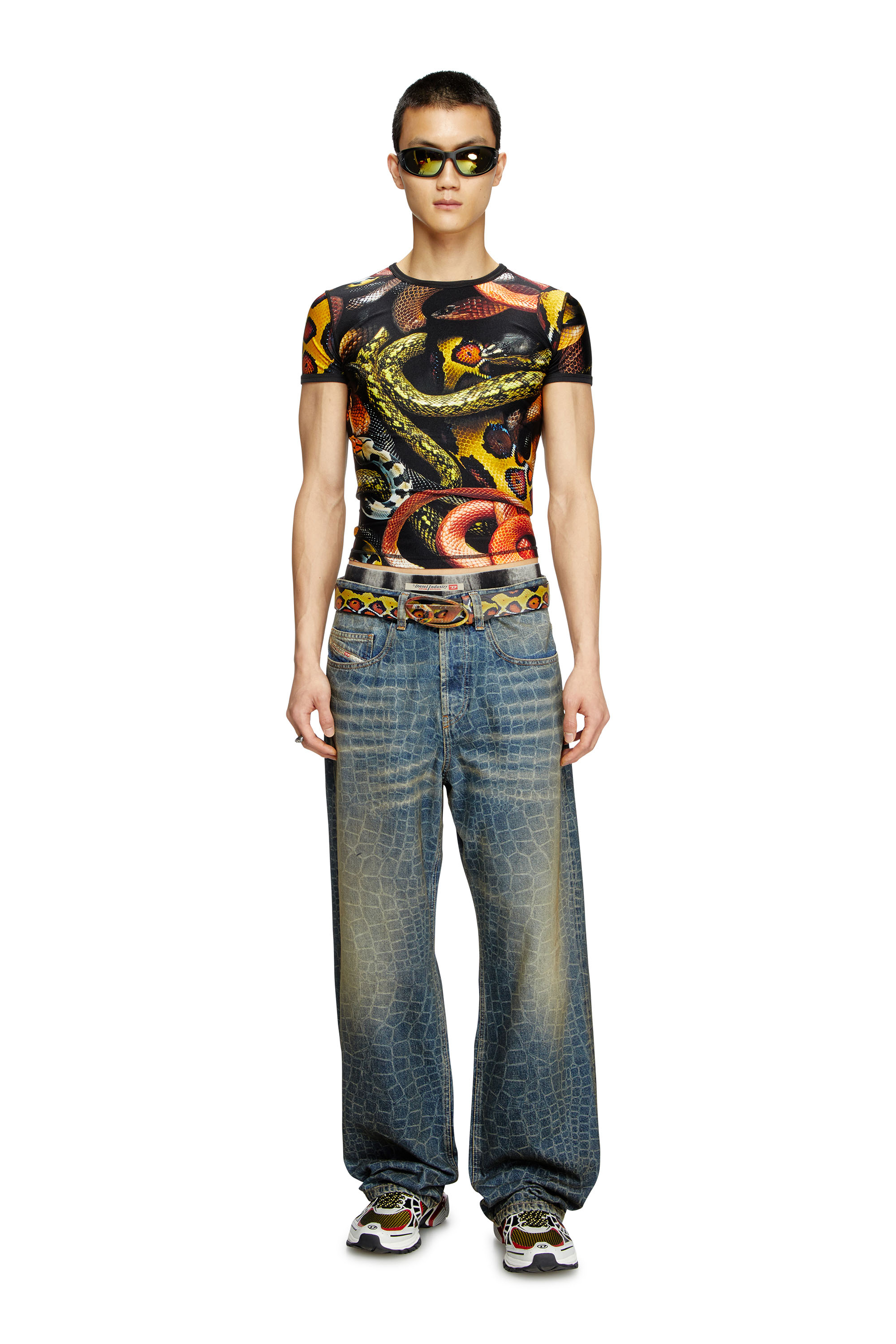 Diesel - CL-T-UNCLE-SNAKE, Unisex's Lycra T-shirt with all-over snake print in Black/Yellow - 2