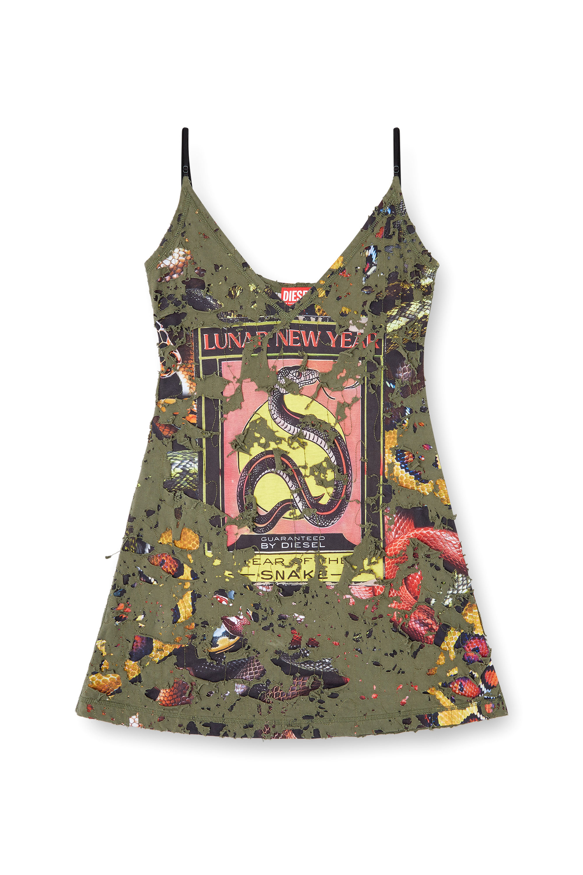 Diesel - CL-D-JENA-DEV-SNAKE, Woman's Destroyed snake-print slip dress in Olive Green - 1