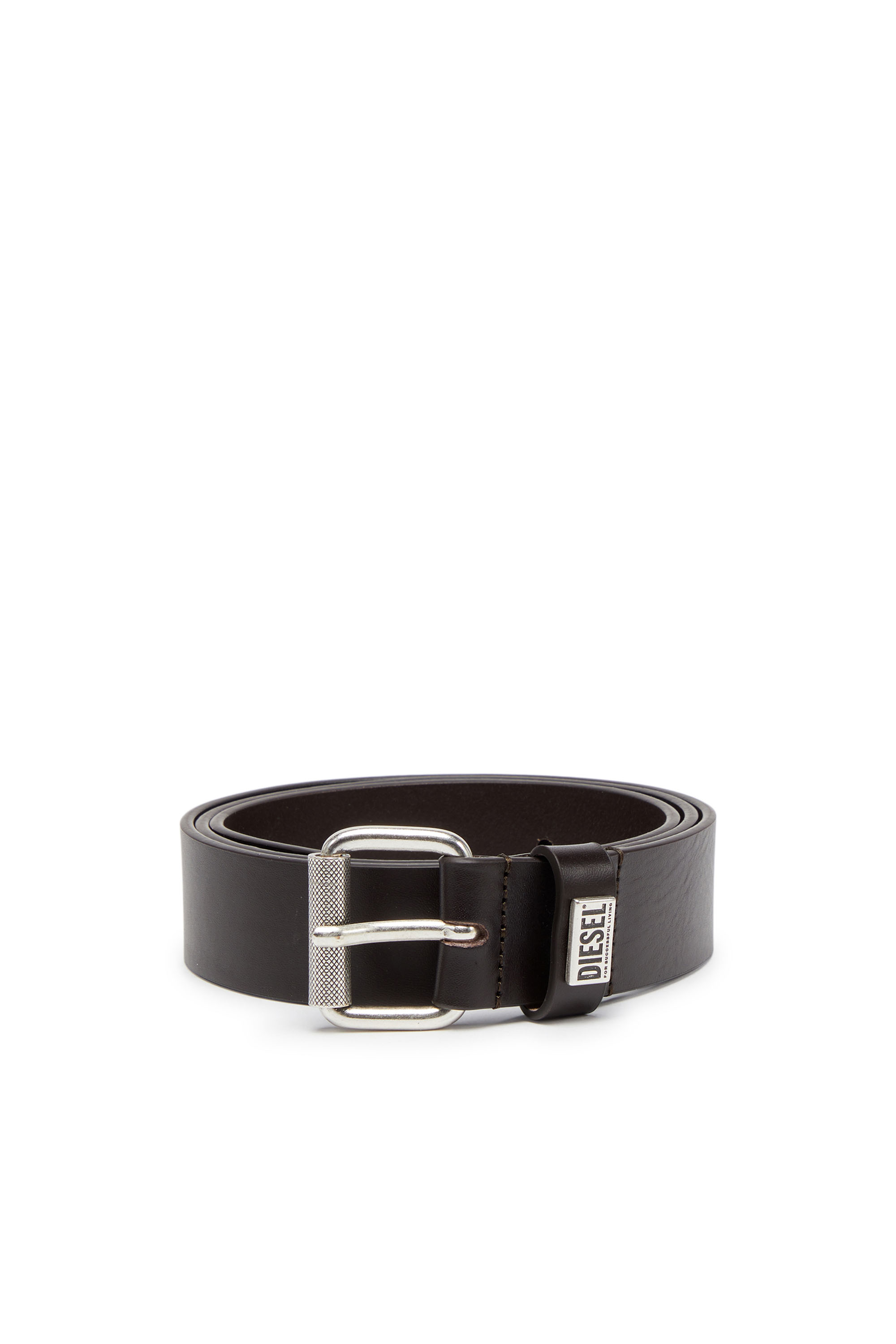 Diesel - B-BISCOTTO-LOOP, Man's Leather belt with logo plaque in Dark Brown - 1