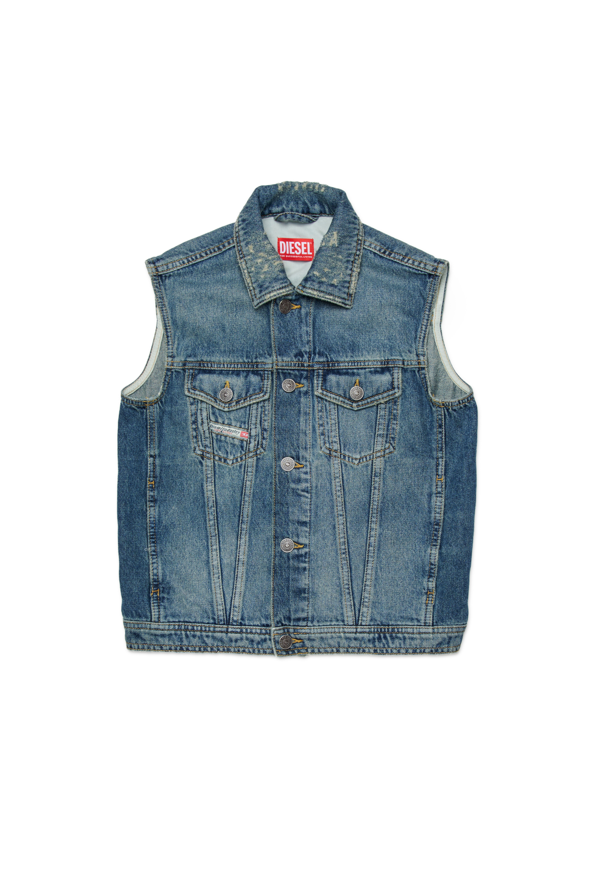 Diesel - JNHILL-OVER-SM, Man's Vest in treated denim with abrasions in Medium blue - 1