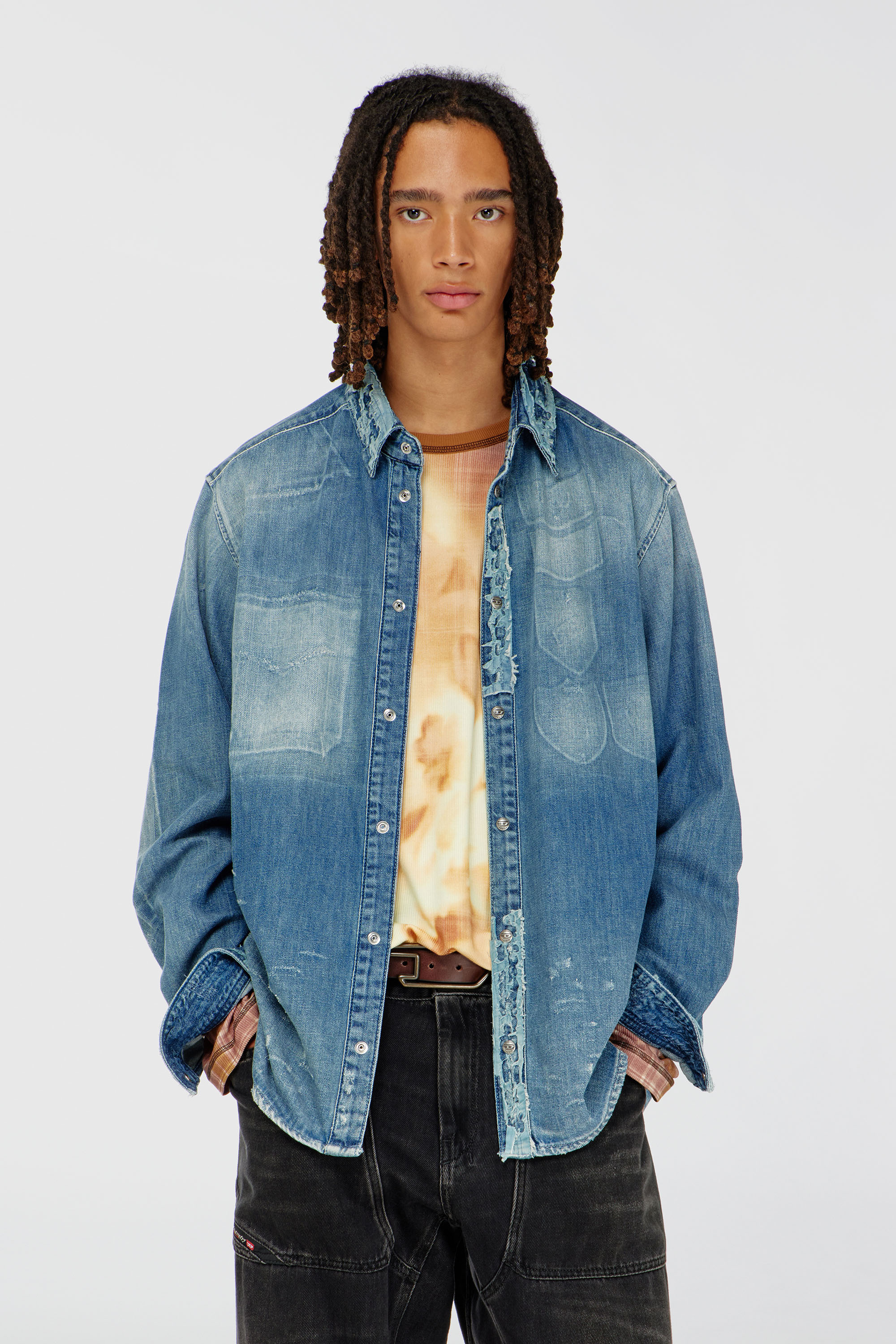 Diesel - D-SIMPLY, Man's Shirt in distressed patch-effect denim in Light Blue - 1