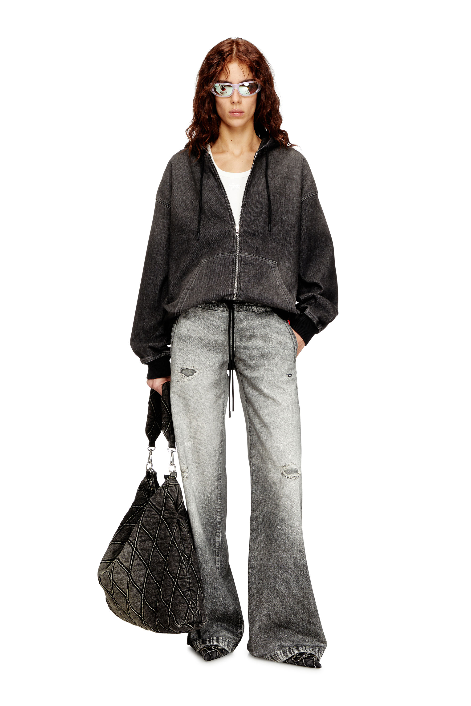 Diesel - D-GIRI-S TRACK, Unisex's Zipped hoodie in dirt-effect Track Denim in Black - 4