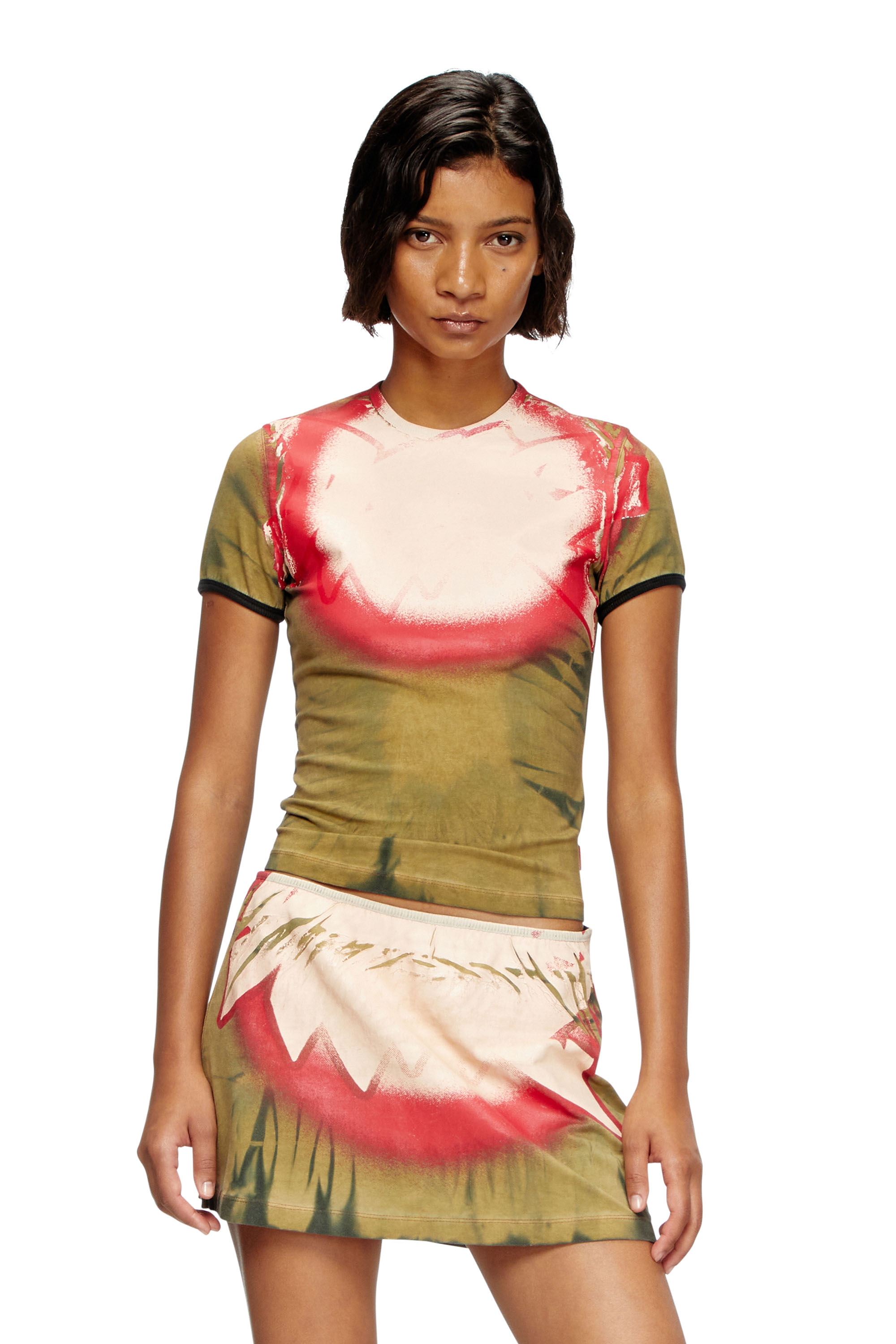 Diesel - T-UNCUTIE-LONG-Q1, Woman's Tie-dye T-shirt with spotlight print in Military Green - 1