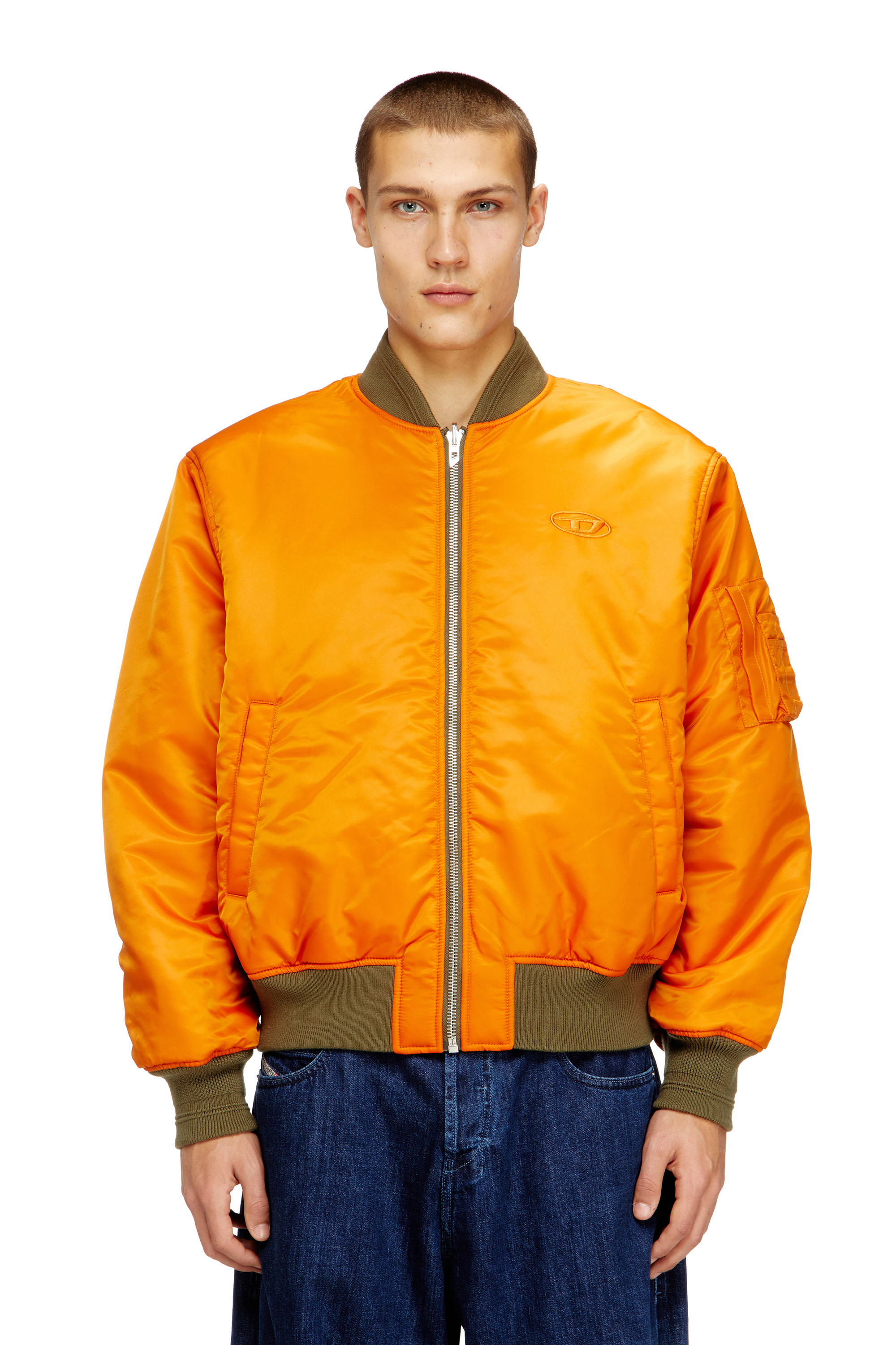 Diesel - W-TYPE-D1, Man's Padded bomber jacket with Oval D embroidery in Green/Orange - 6