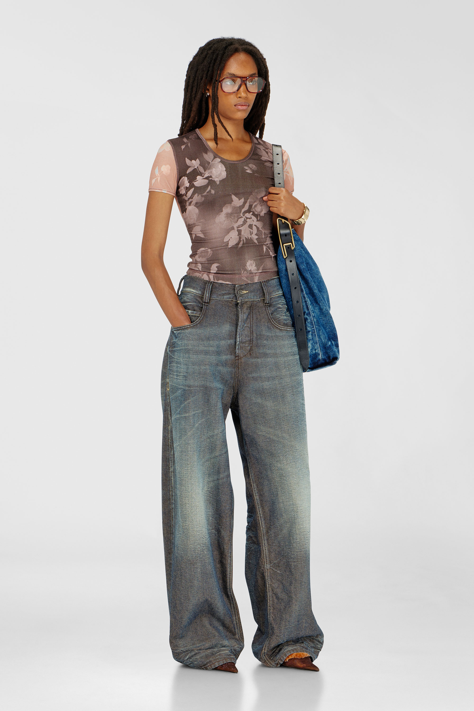 Top in floral-print ribbed jersey