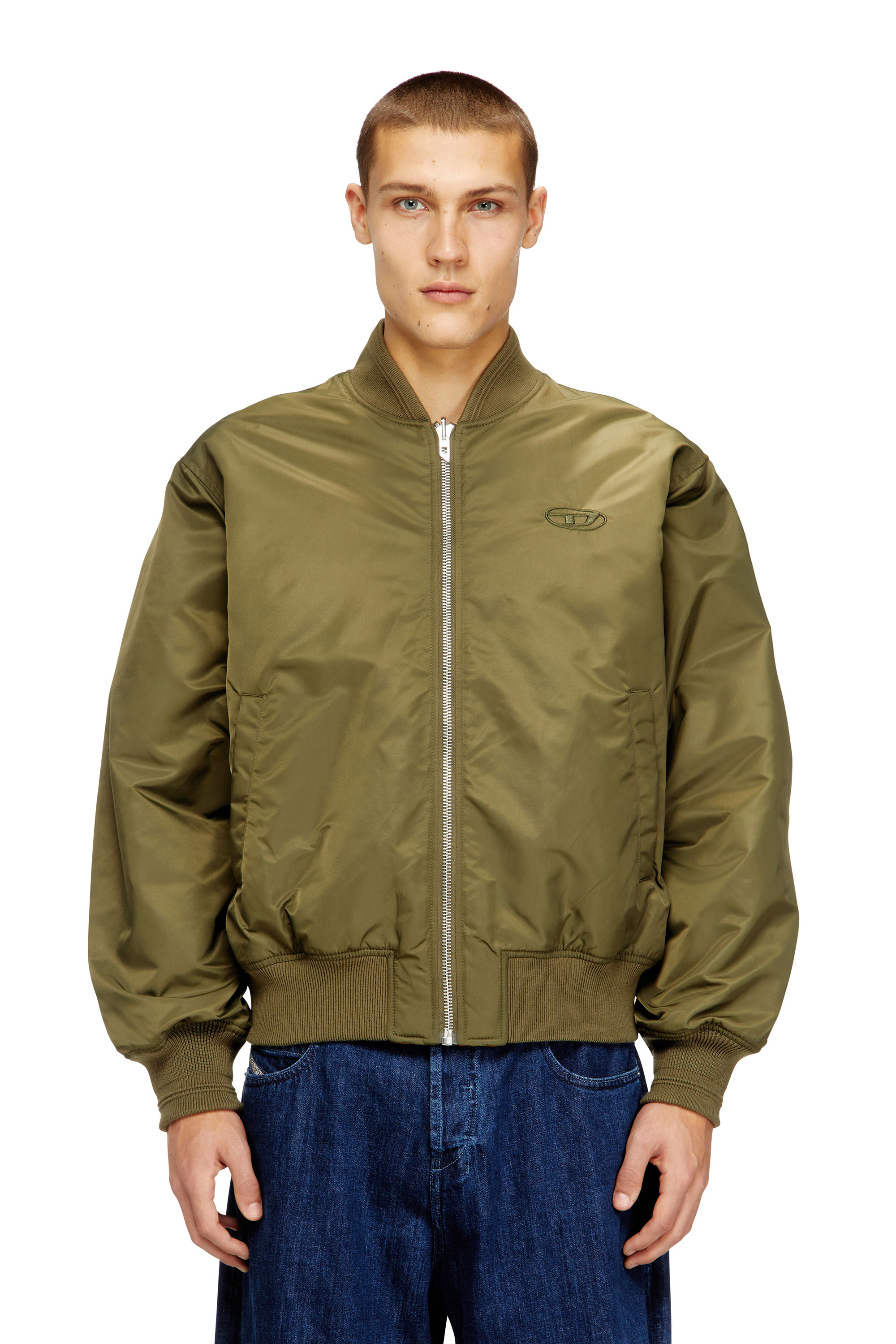 Diesel - W-TYPE-D1, Man's Padded bomber jacket with Oval D embroidery in Green/Orange - 1