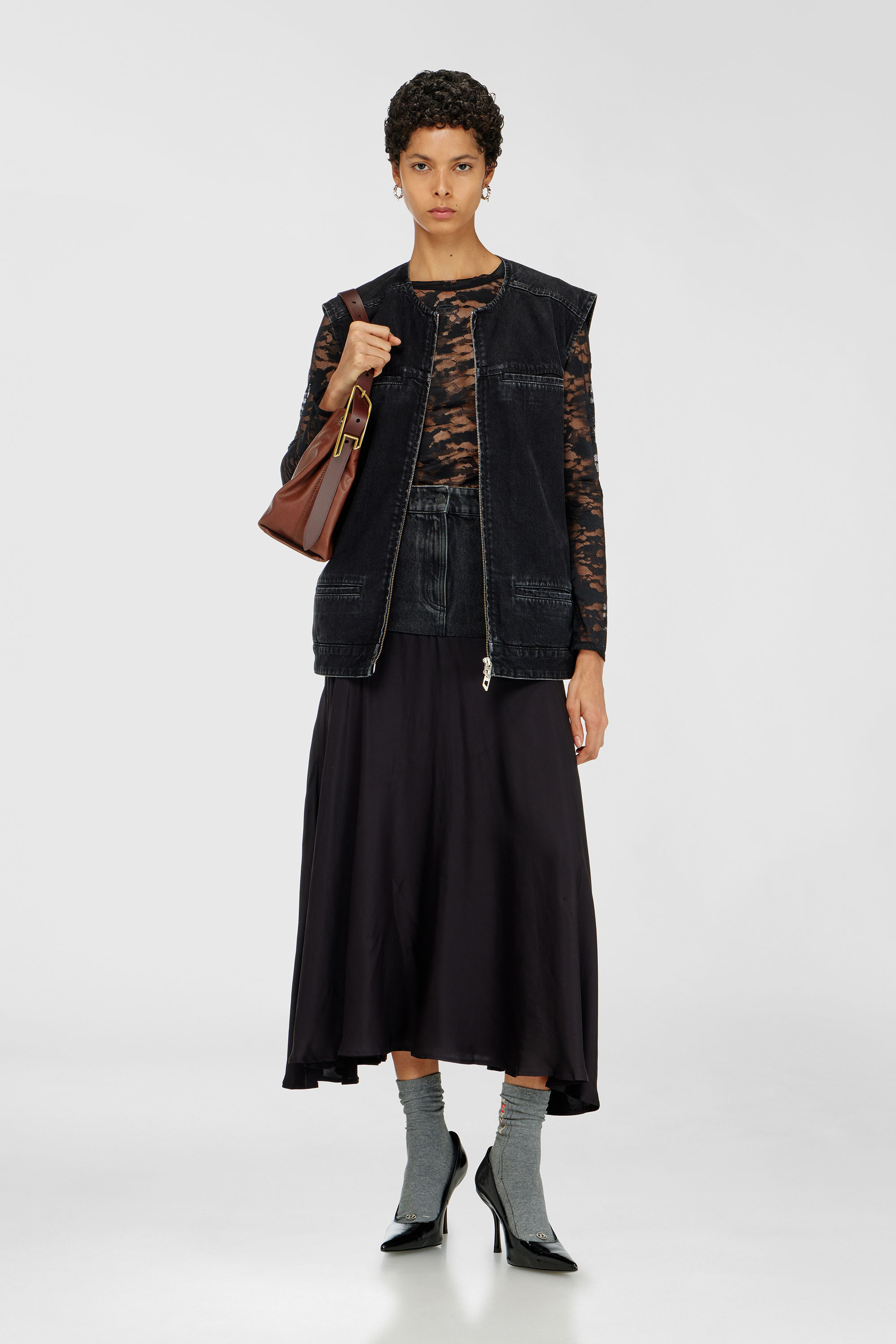 Midi skirt with denim-satin sections