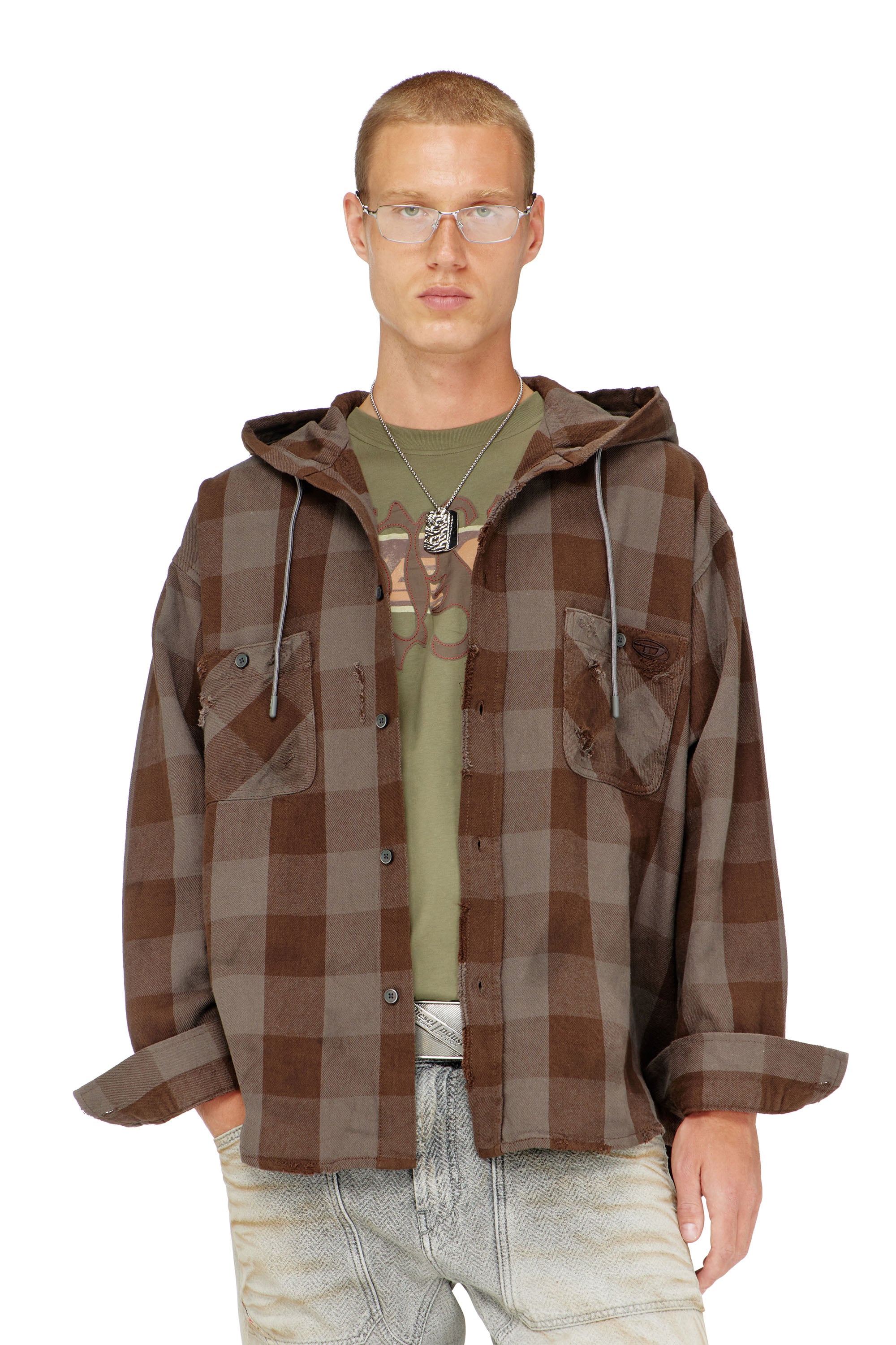 Diesel - S-DRUM-HOODY, Man's Distressed hooded shirt in check flannel in null - 1