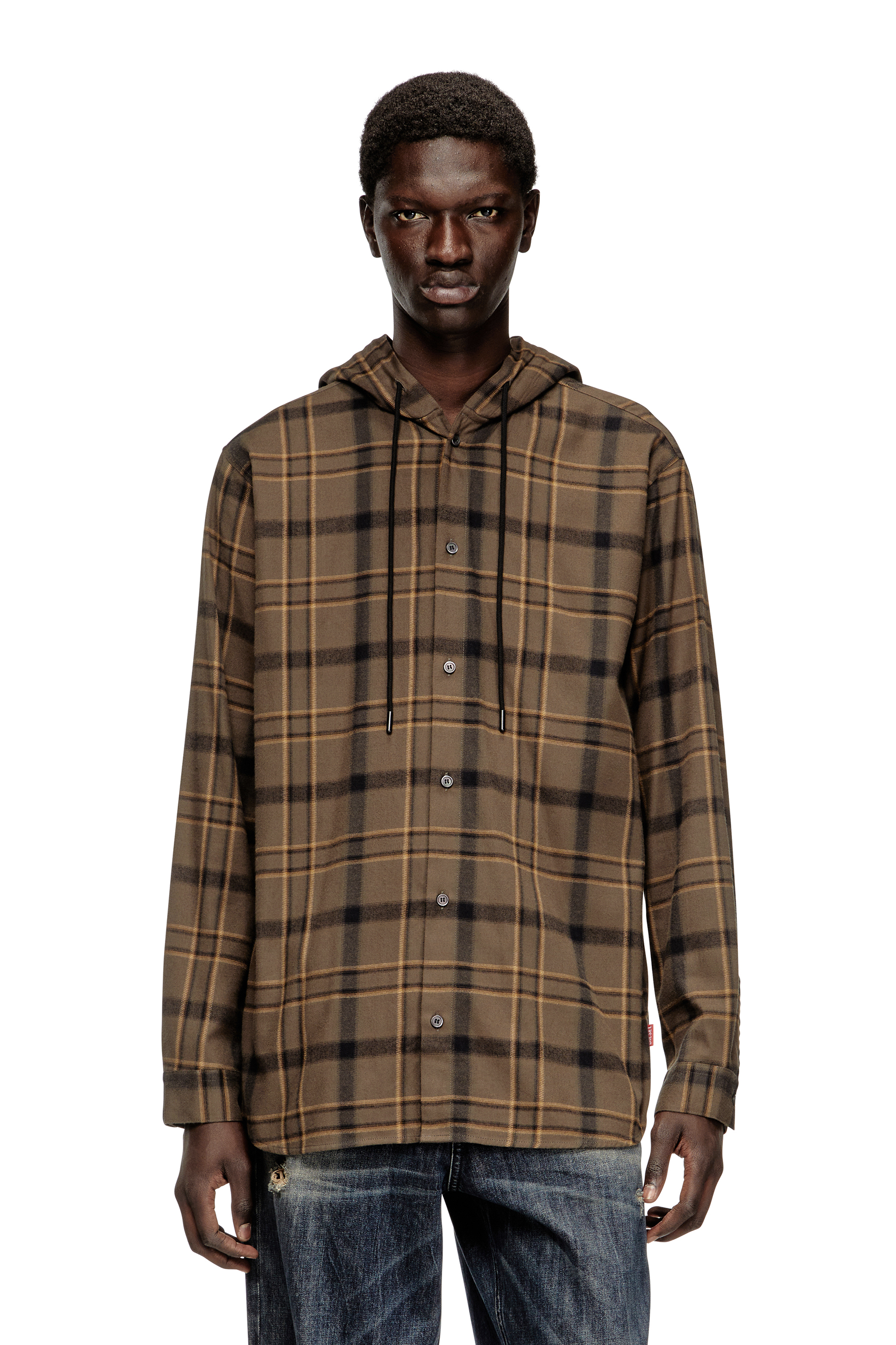 Diesel - S-IX, Man's Hooded shirt in check flannel with logo in Brown - 1