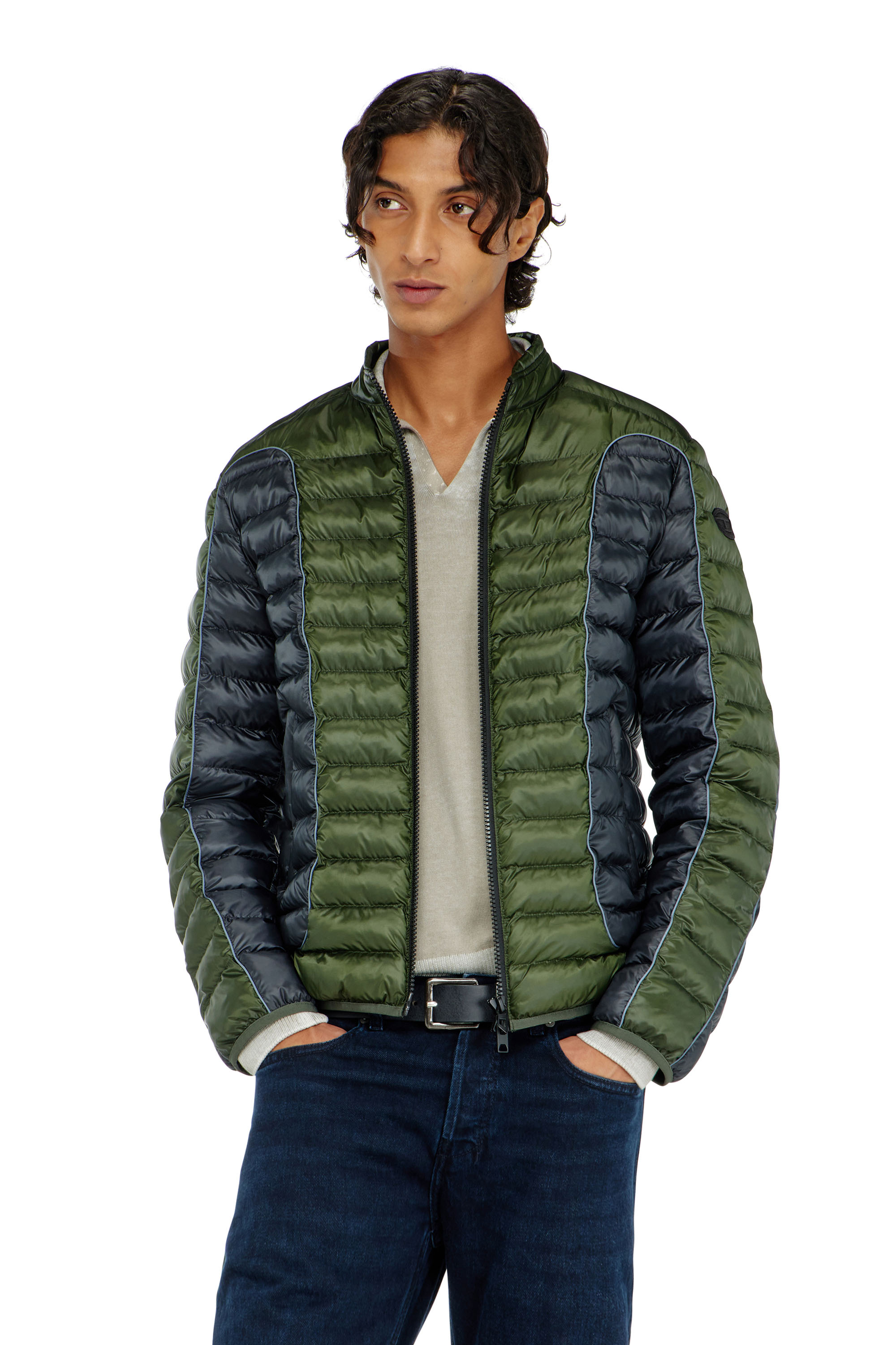 Diesel - W-PILOT-BLOCK, Man's Biker-style puffer jacket with colour-block design in Grey/Green - 3