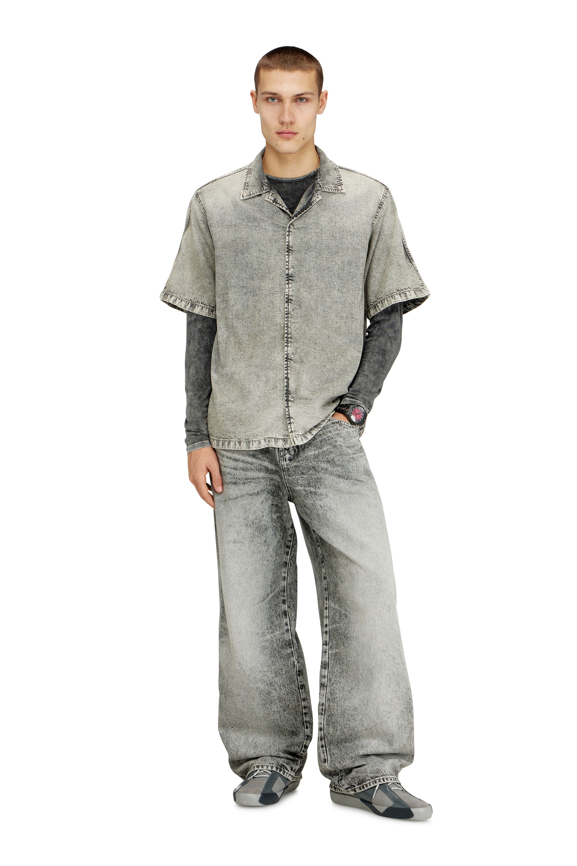 Diesel - D-NABIL-S8, Man's Short-sleeve shirt in fluid treated denim in null - 1