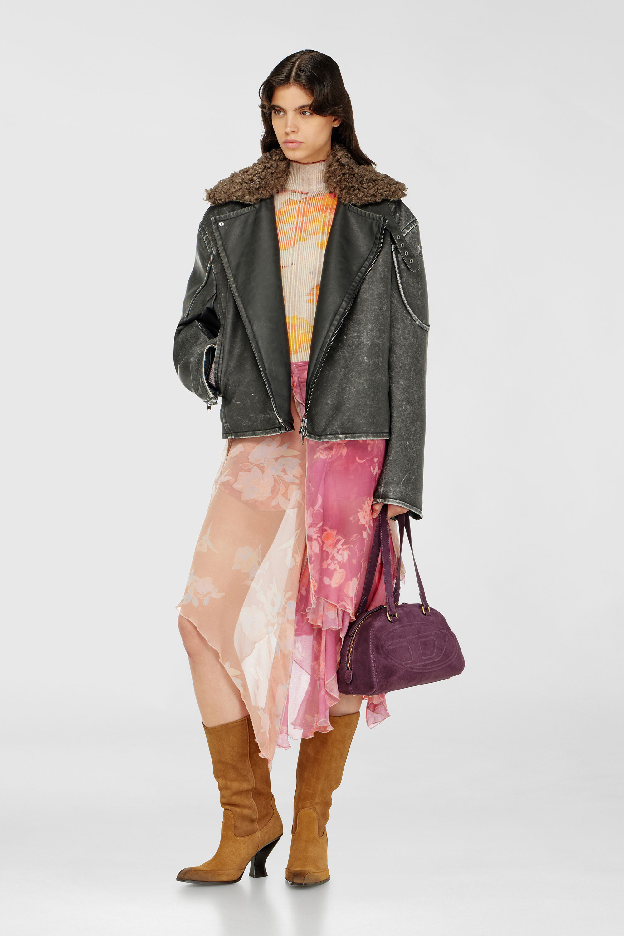 Ribbed wool turtleneck top with floral print