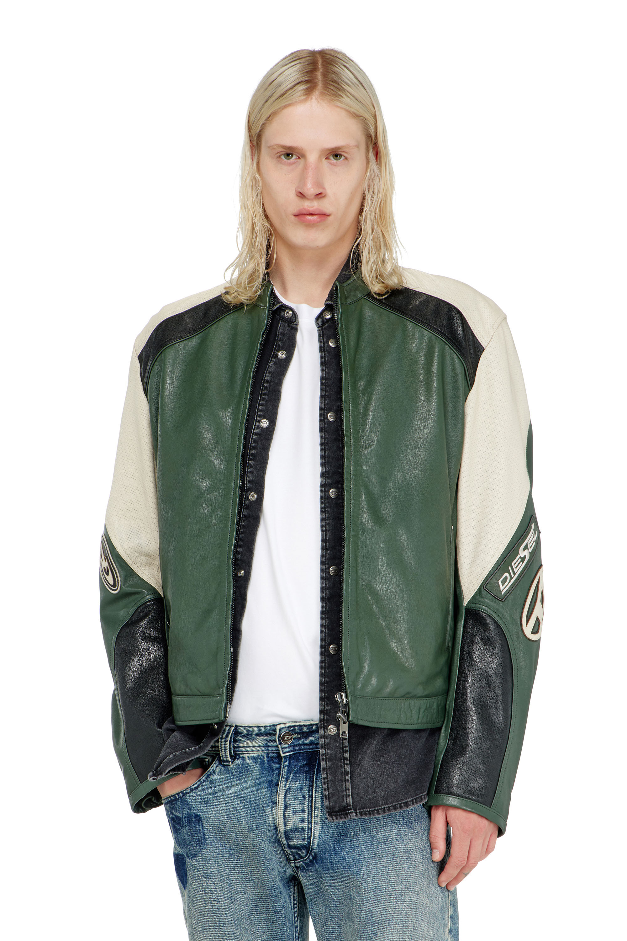 Diesel - L-AHTI, Man's Biker jacket in colour-block perforated leather in null - 1