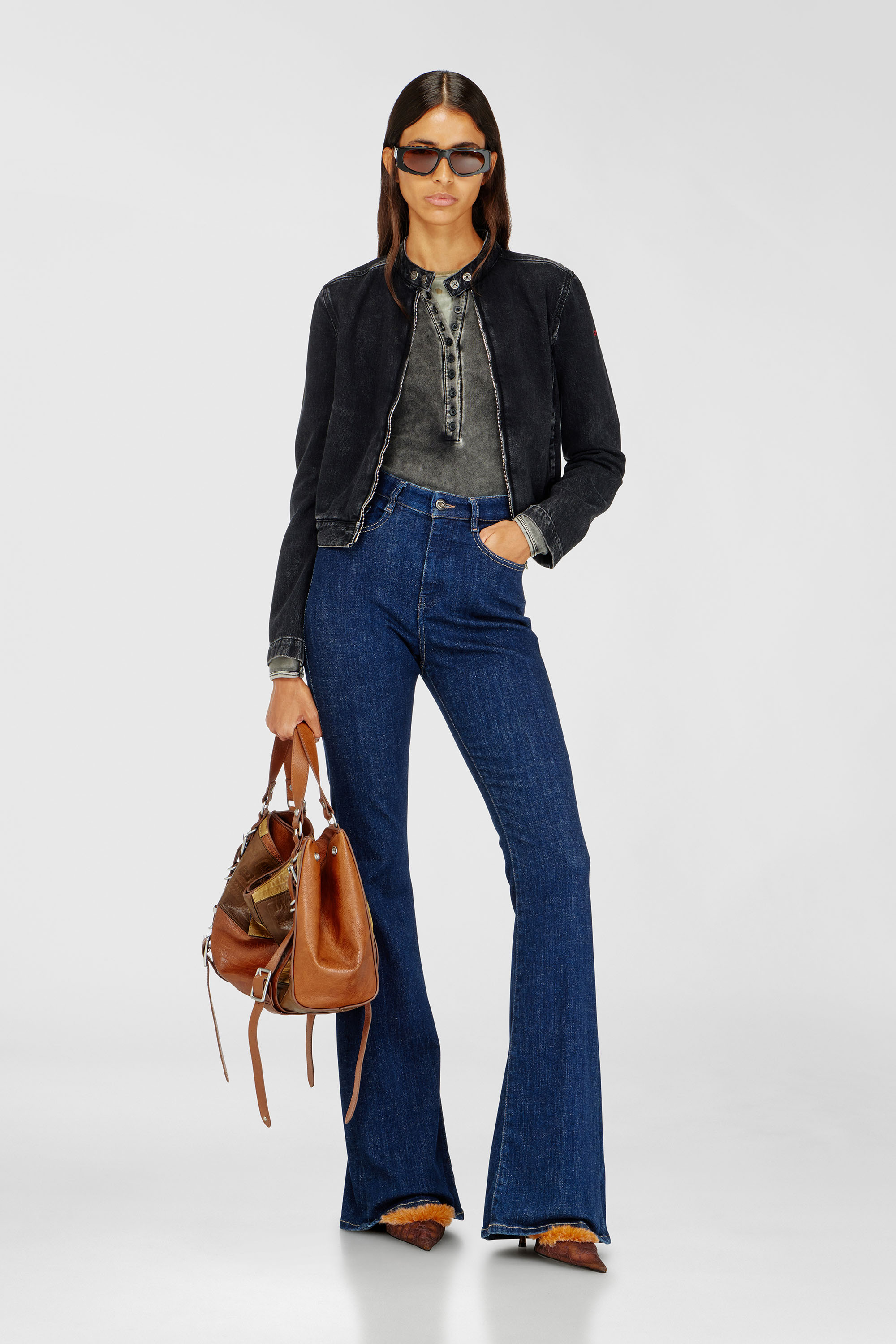 Diesel - DE-MORNIN, Woman's Moto jacket in denim in clean-wash denim in Black - 1