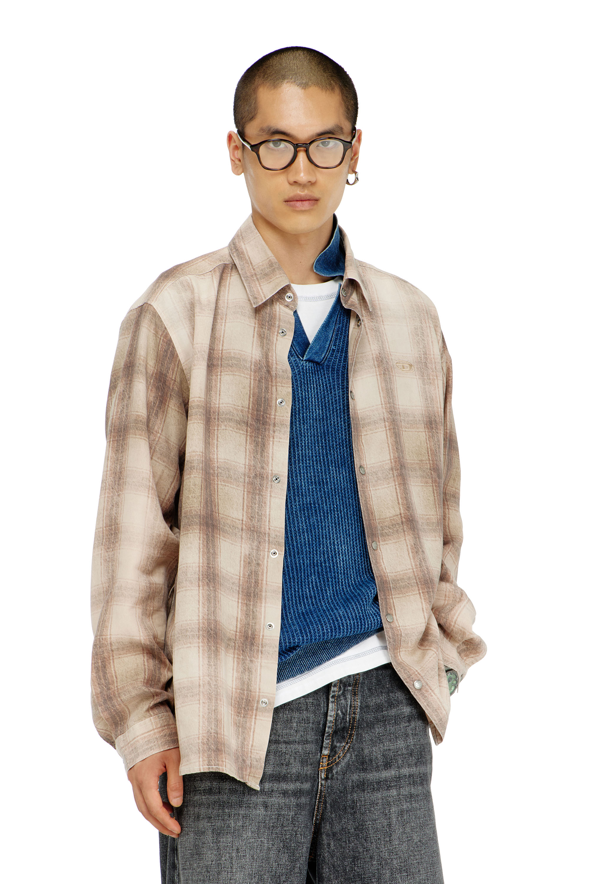 Diesel - S-SIMPLY-JMCM, Man's Check shirt in fluid fabric in Light Brown - 1