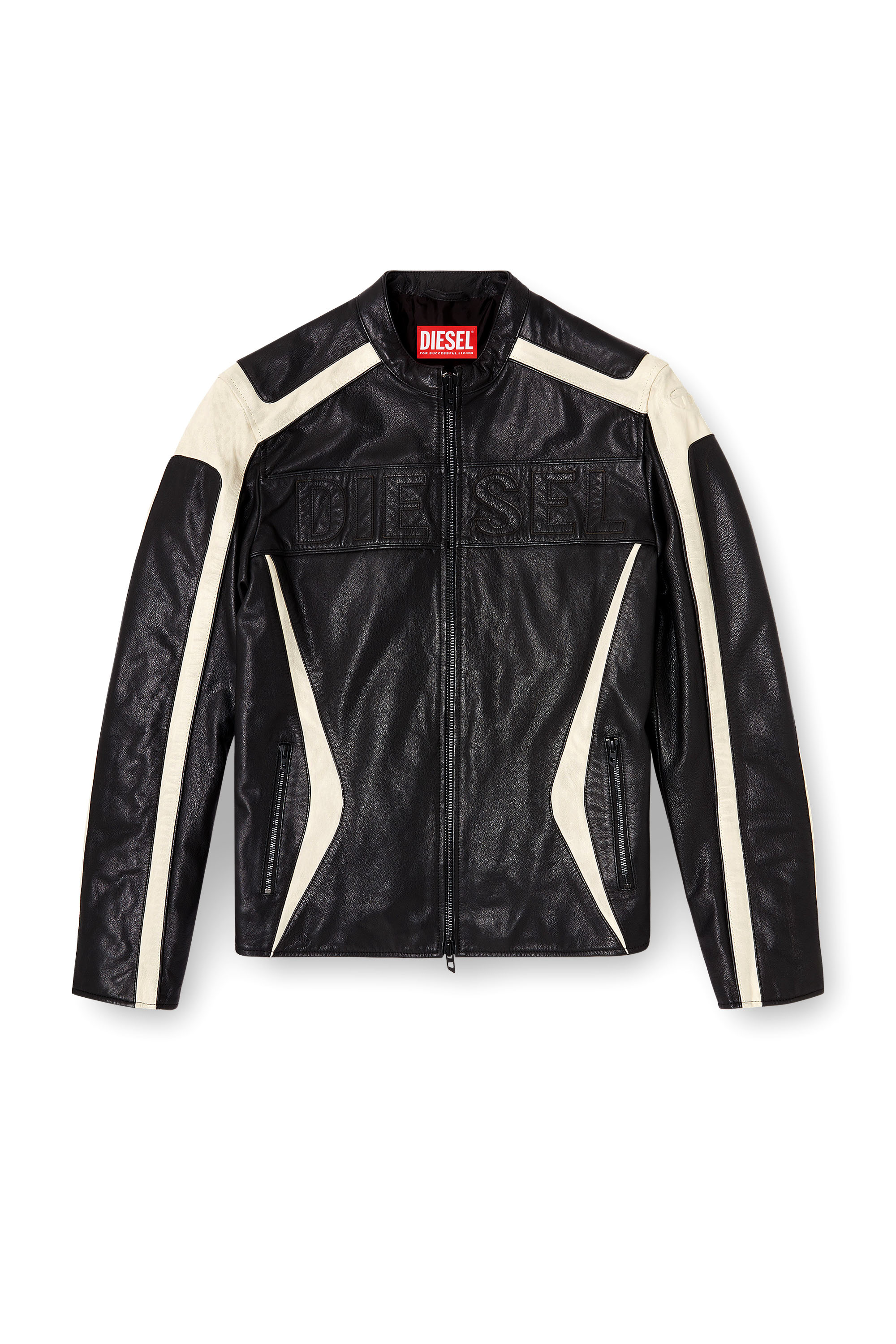 Diesel - L-ADAM, Man's Colour-block leather biker jacket in Black/White - 3
