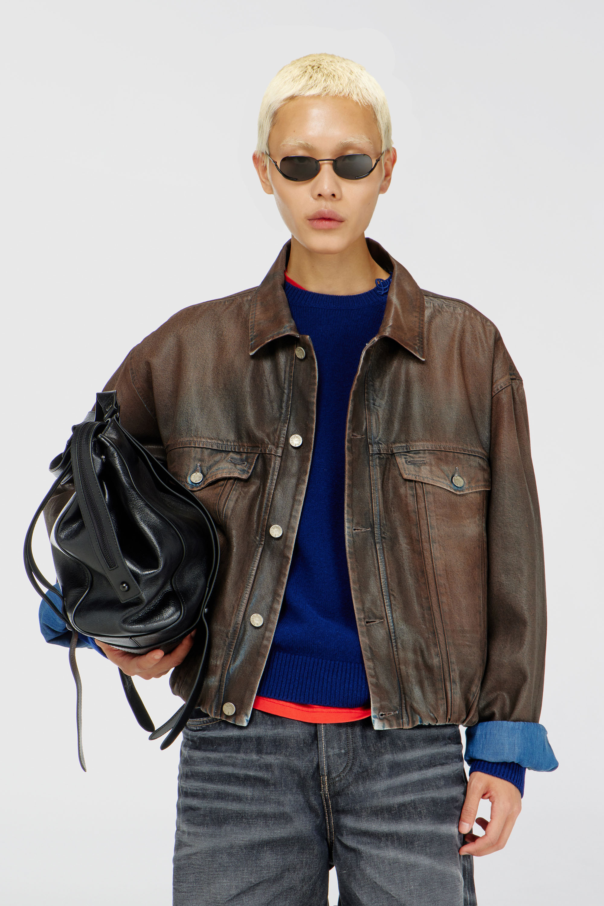 Diesel - D-MORVI-S, Unisex's Trucker jacket in coated denim in Brown - 1