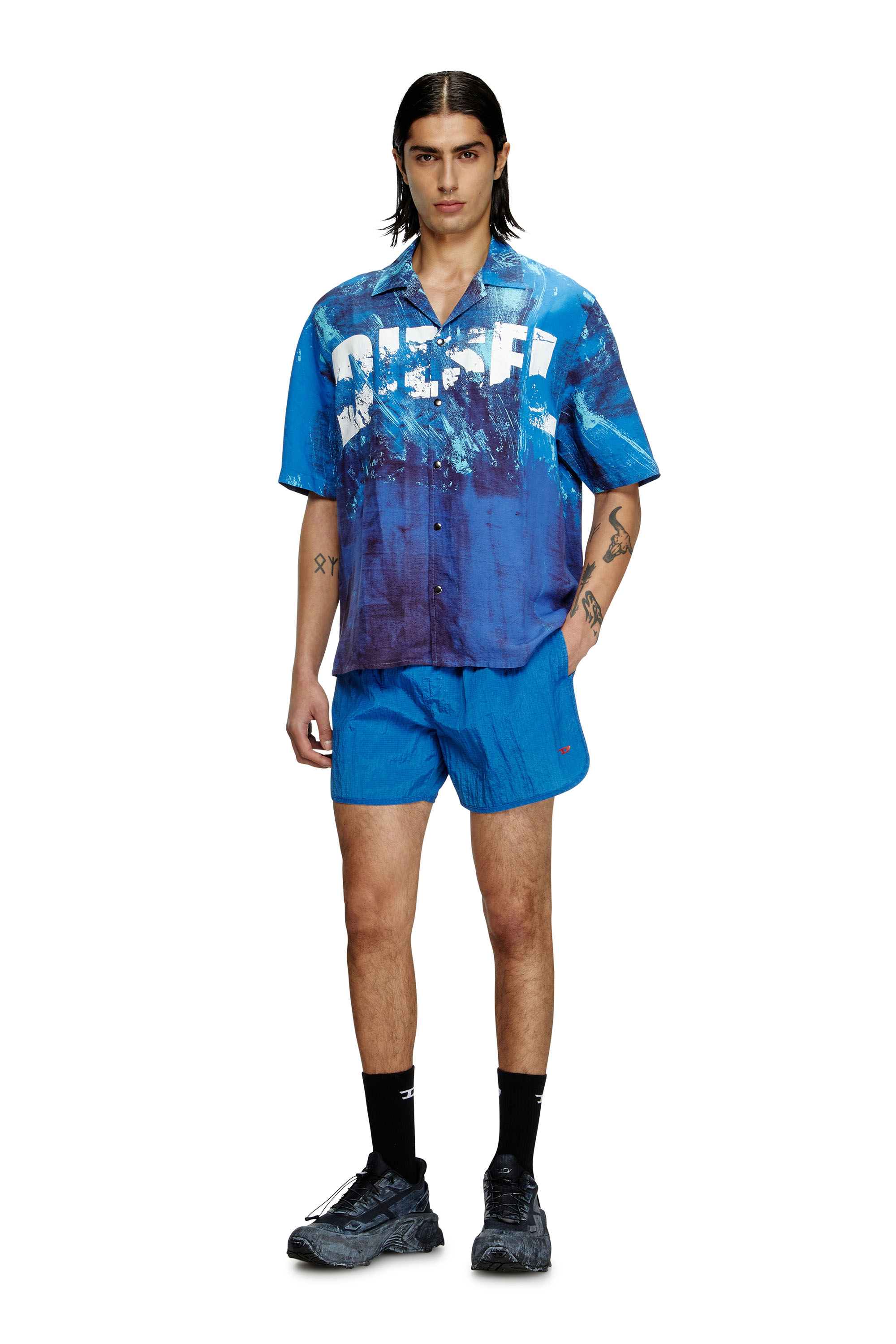 Diesel - CHARLES-D-POP, Man's Printed beach shirt in linen blend in Blue - 2