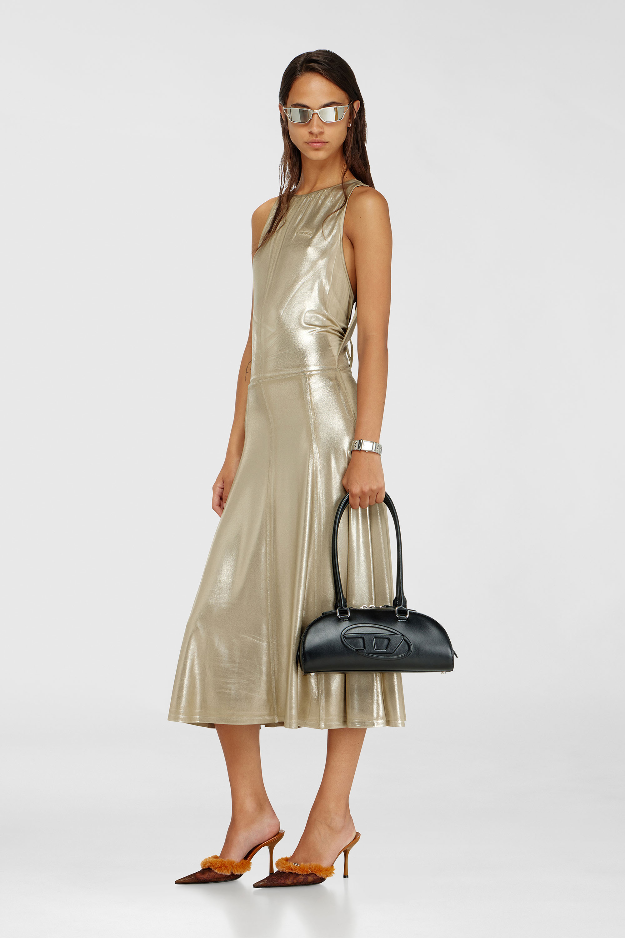 Fluid metallic midi dress with open back