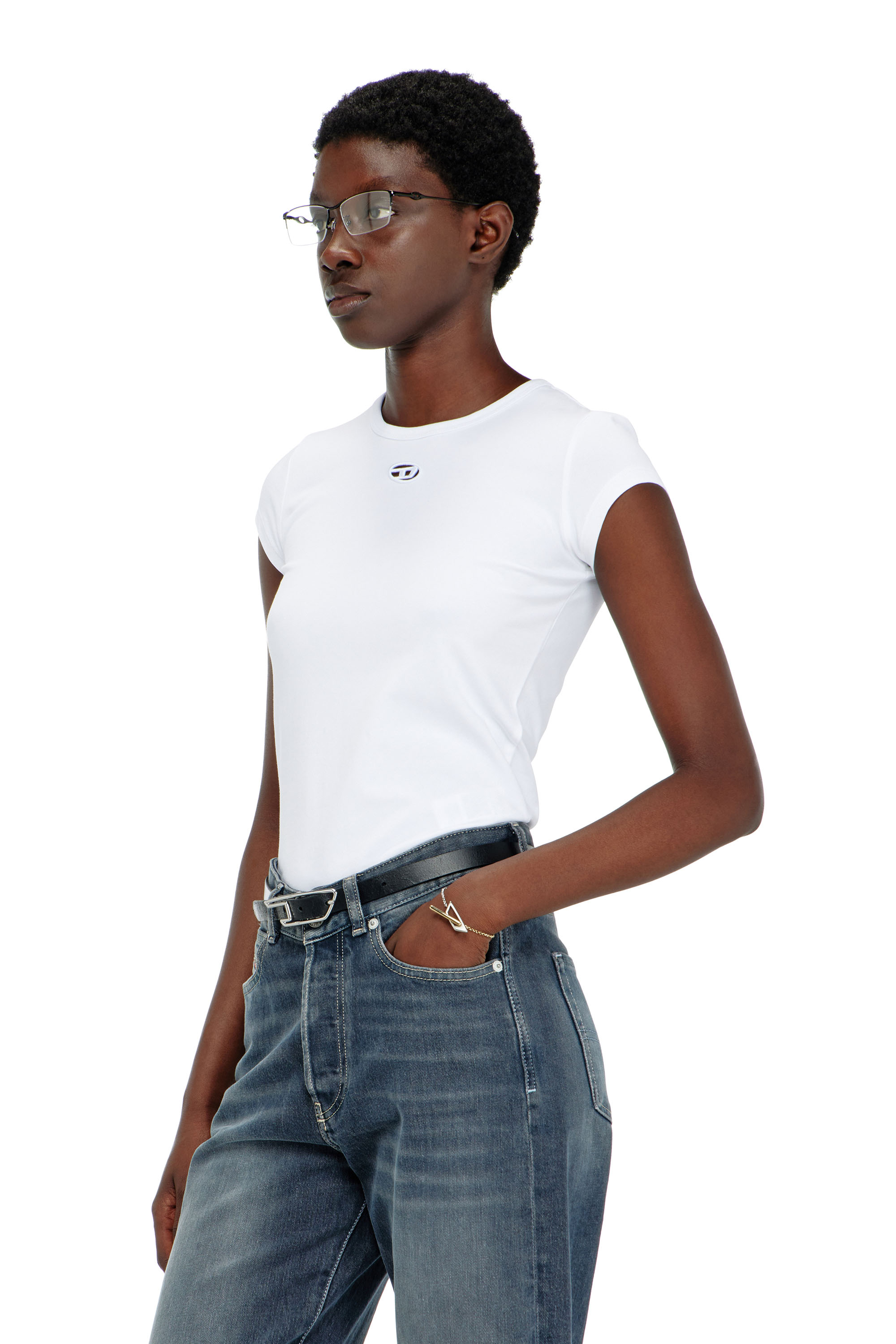 Diesel - T-ANGIE-OD, Woman's T-shirt with cut-out embroidered logo in White - 3