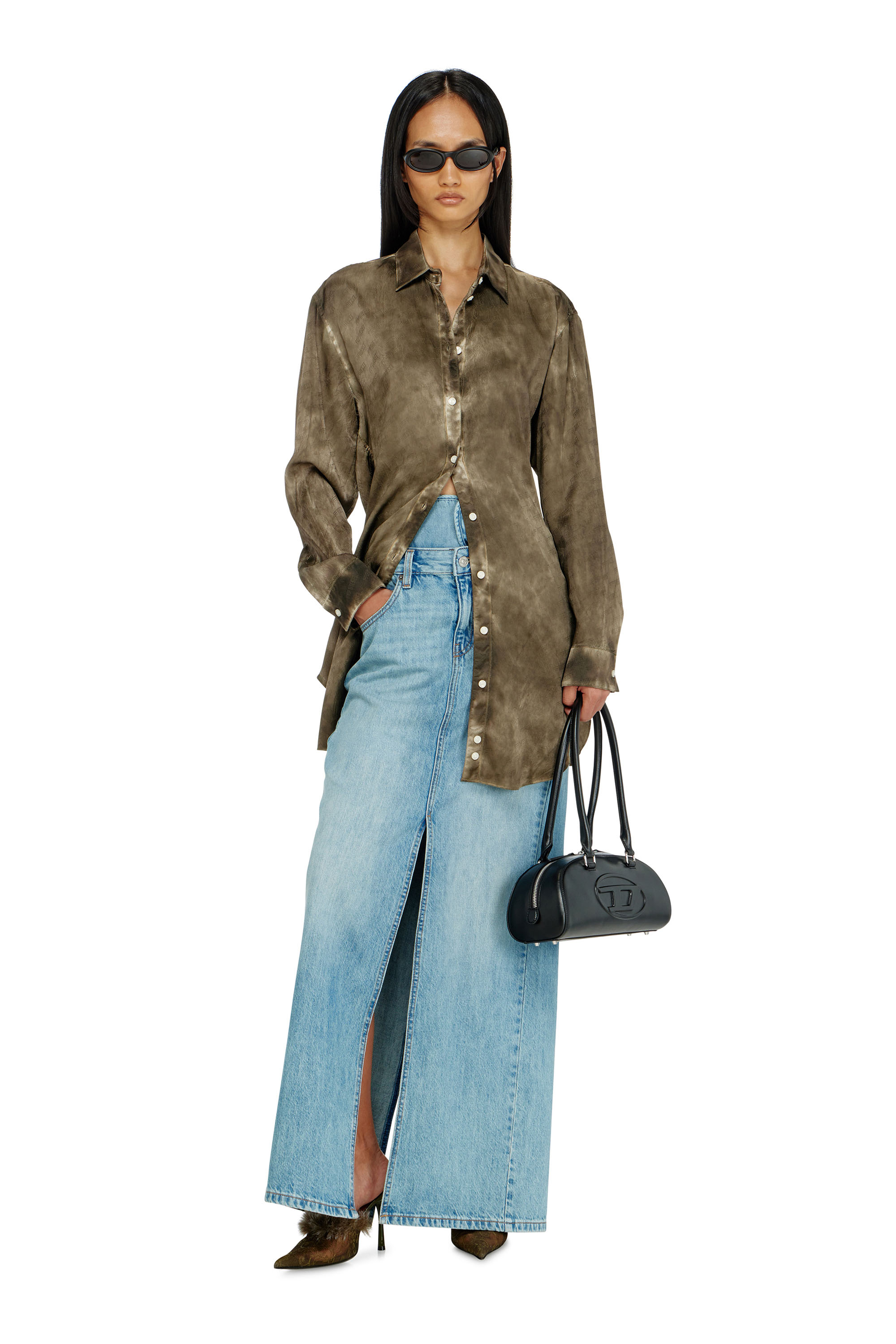 Diesel - C-LAVEL, Woman's Long shirt in logo-jacquard crinkled satin in null - 2