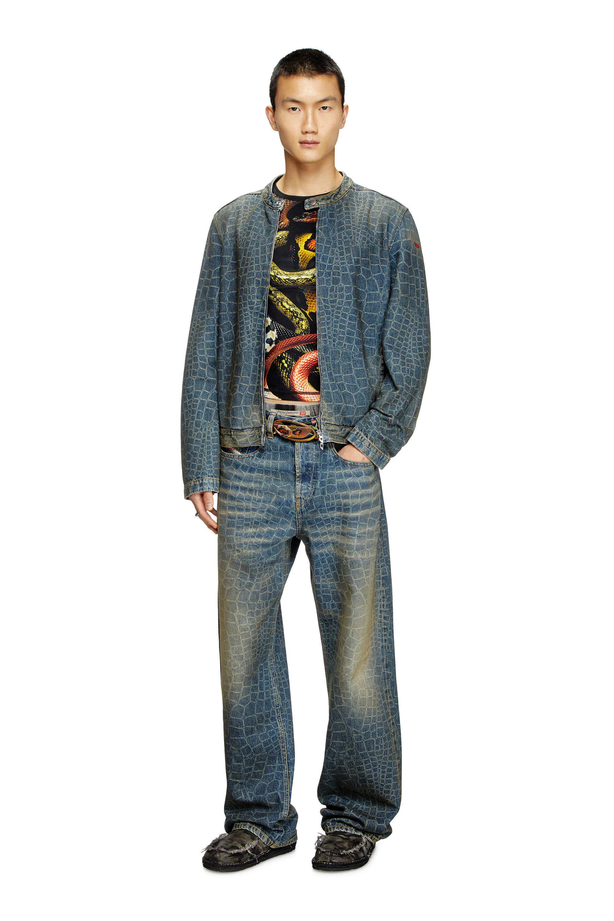 Diesel - CL-D-GLORY-SNAKE, Man's Moto jacket in snake-print denim in Dark Blue - 1