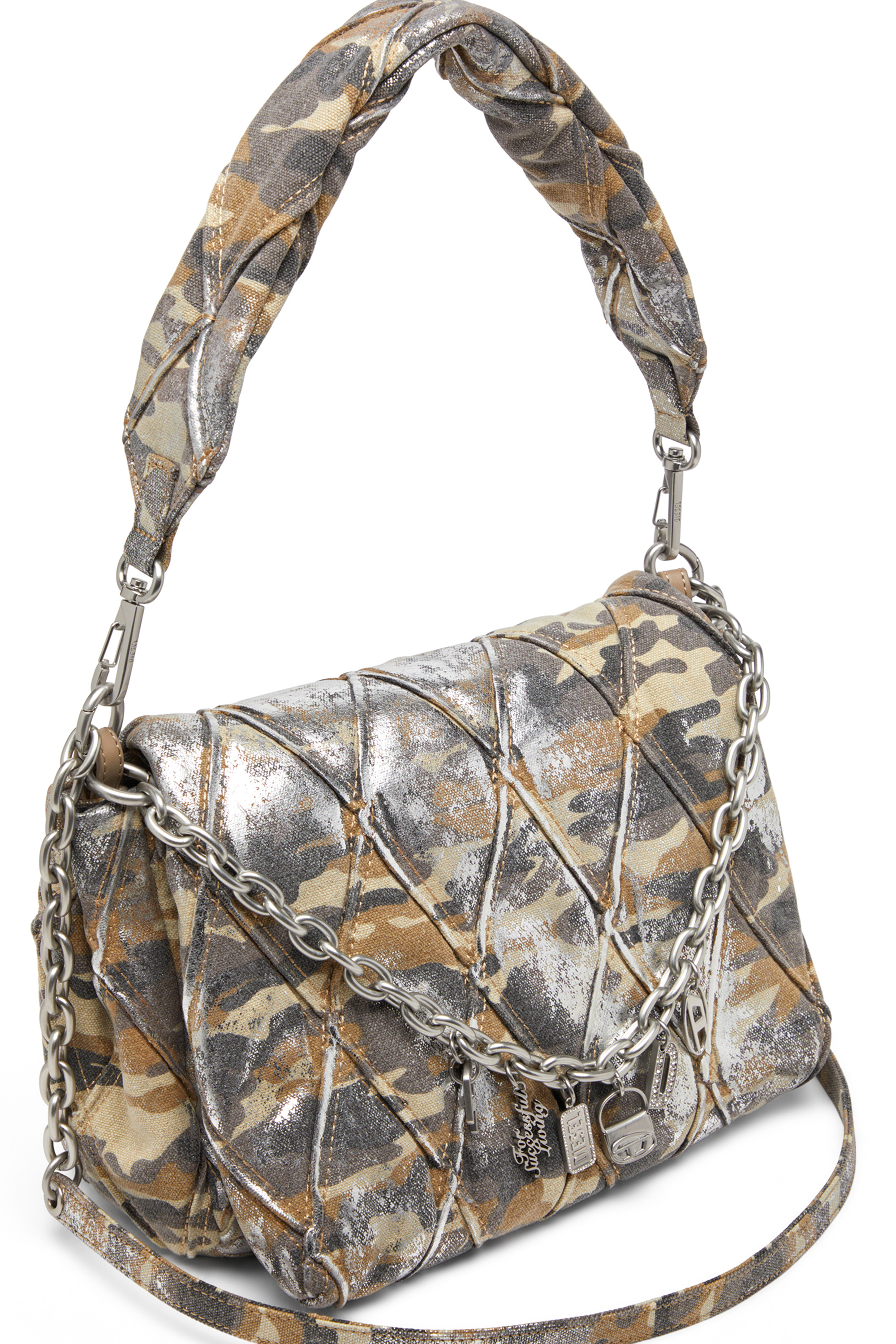 Diesel - CHARM-D SHOULDER M, Woman's Shoulder bag in metallic camo canvas in Multicolor/Brown - 6