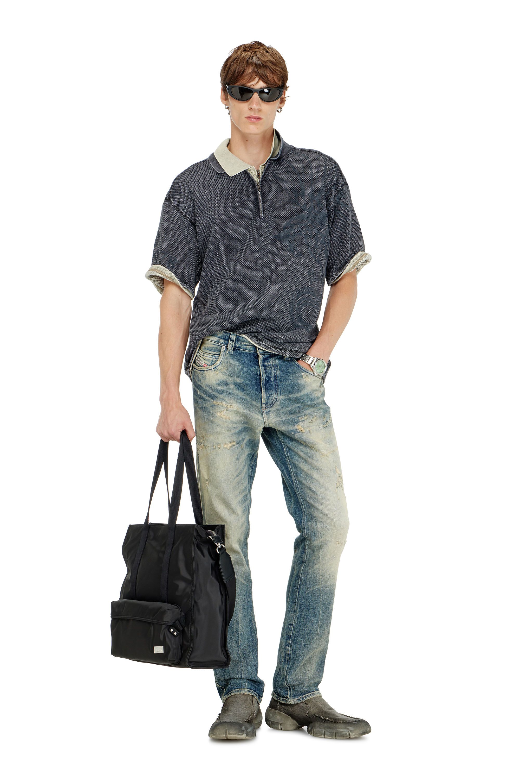 Diesel - T-ERRY-ZIP, Man's Mesh-jacquard polo shirt with Phoenix print in Dark grey - 2