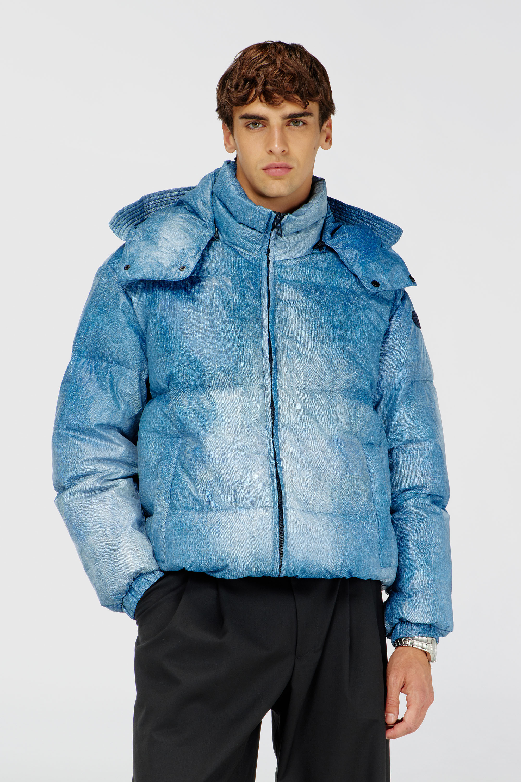 Diesel - W-ROLLY-WRD-BFBN, Man's Hooded down jacket with denim-effect print in Blue - 1