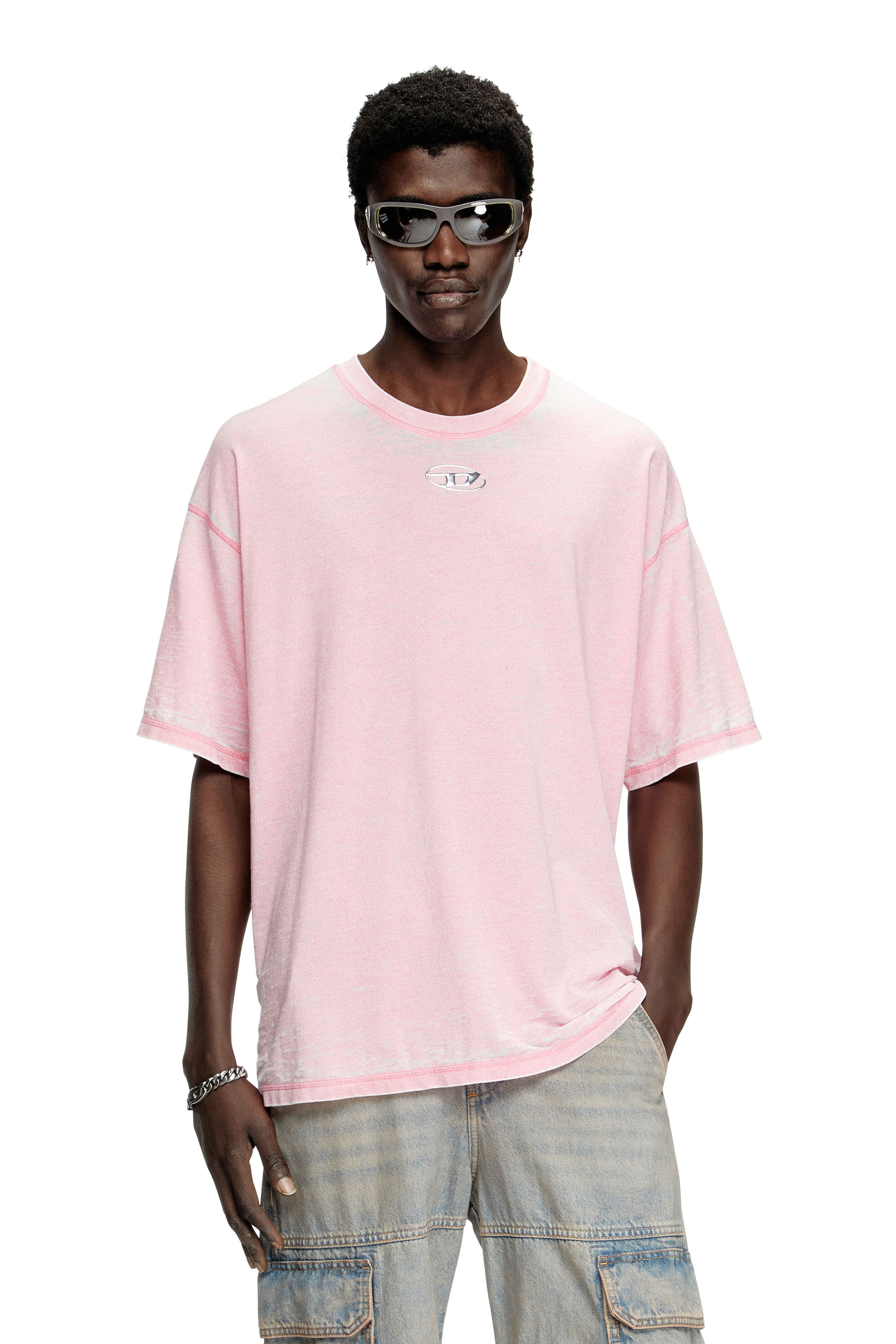 Diesel - T-BOXT-PAK, Man's Burnout T-shirt with metal-look logo in Pink - 1