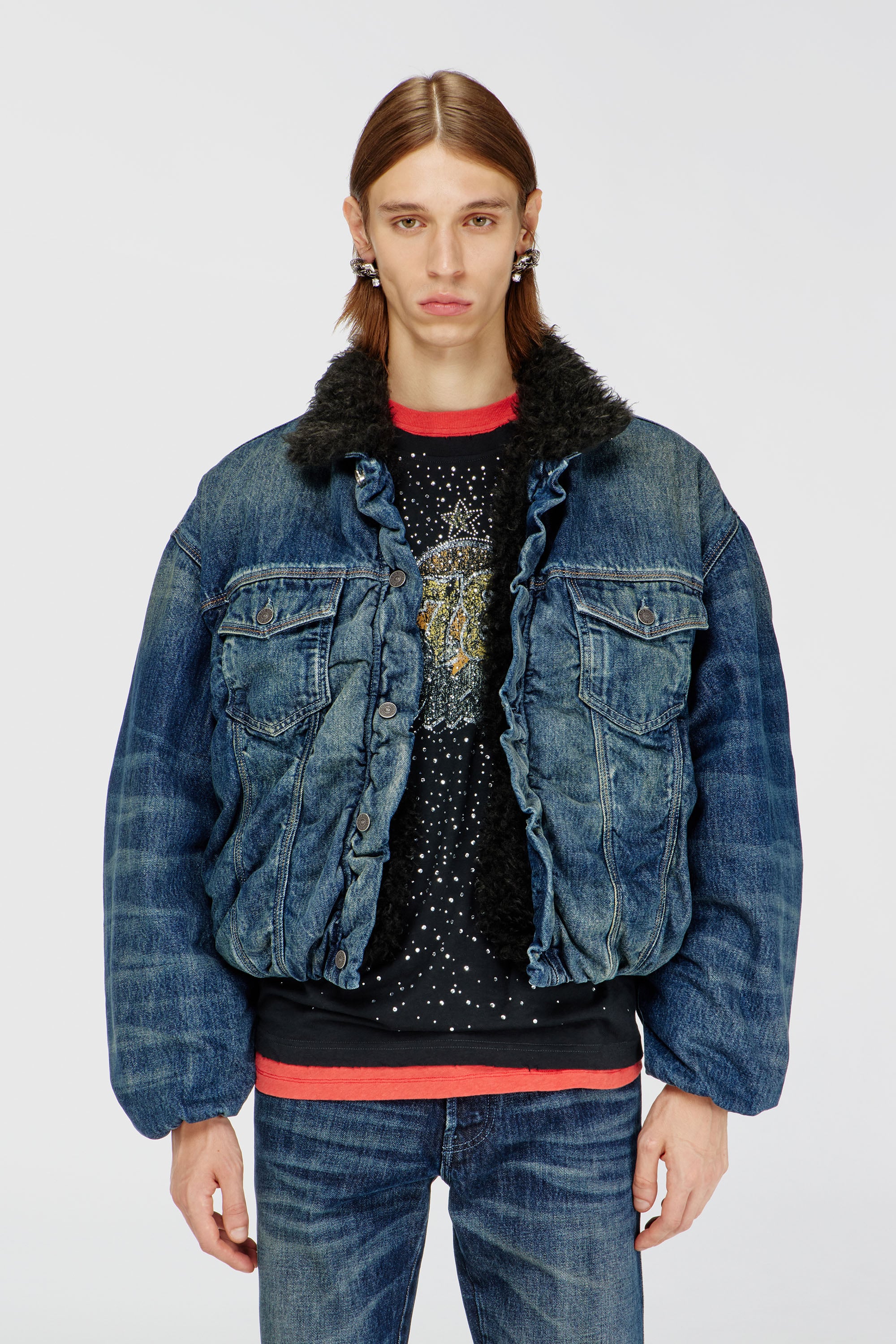 Diesel - D-CURLY-FSJ1, Unisex's Teddy-lined trucker jacket in denim in Medium blue - 1
