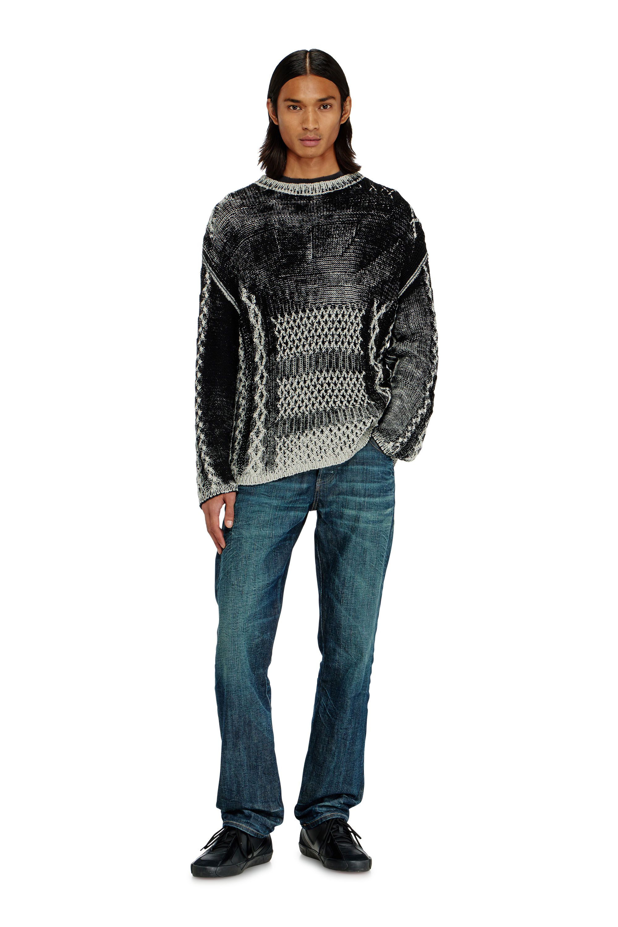 Diesel - K-MIONE, Man's Treated cable-knit jumper in Grey/Black - 2