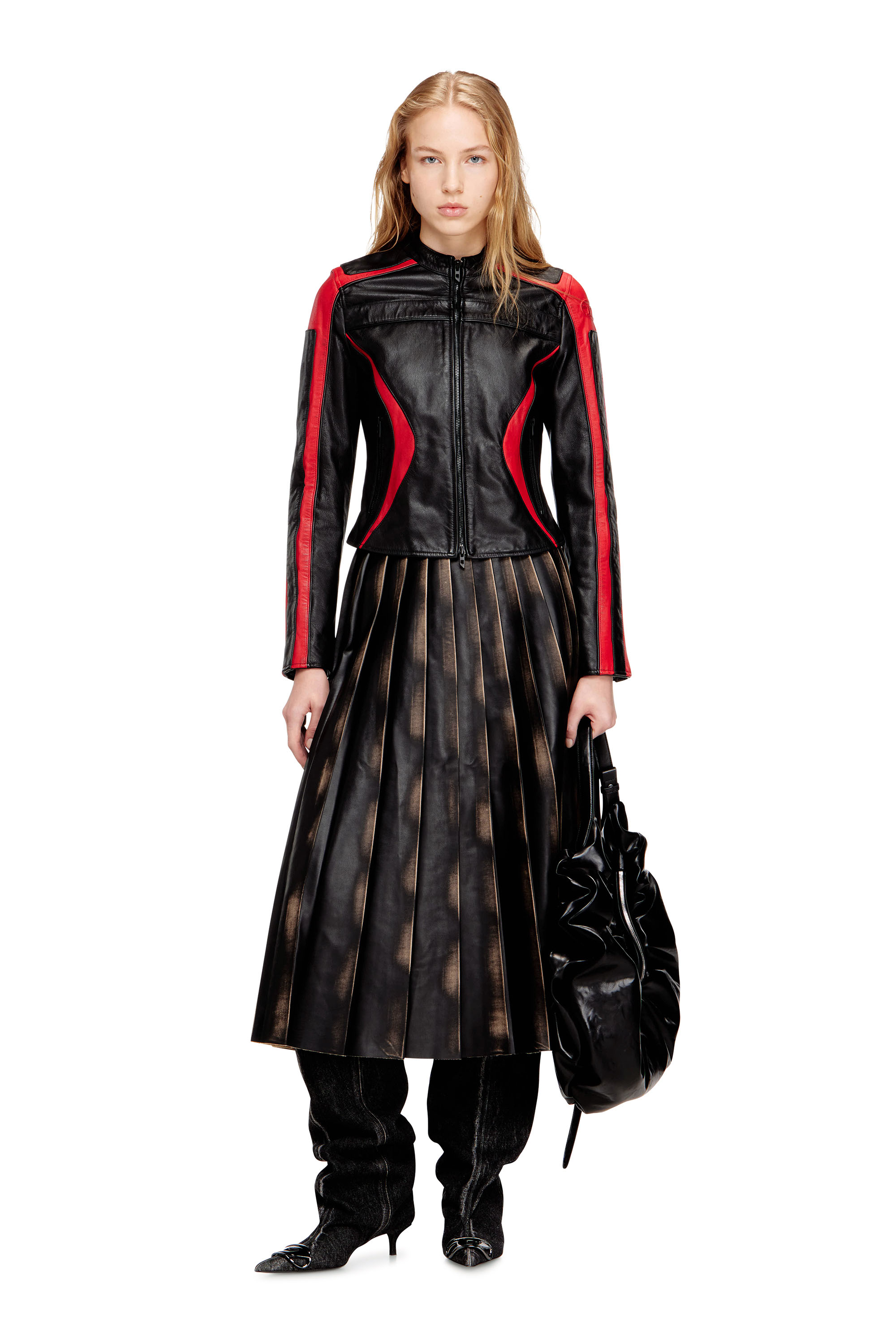 Diesel - L-OVABLE, Woman's Biker jacket in colour-block leather in null - 2