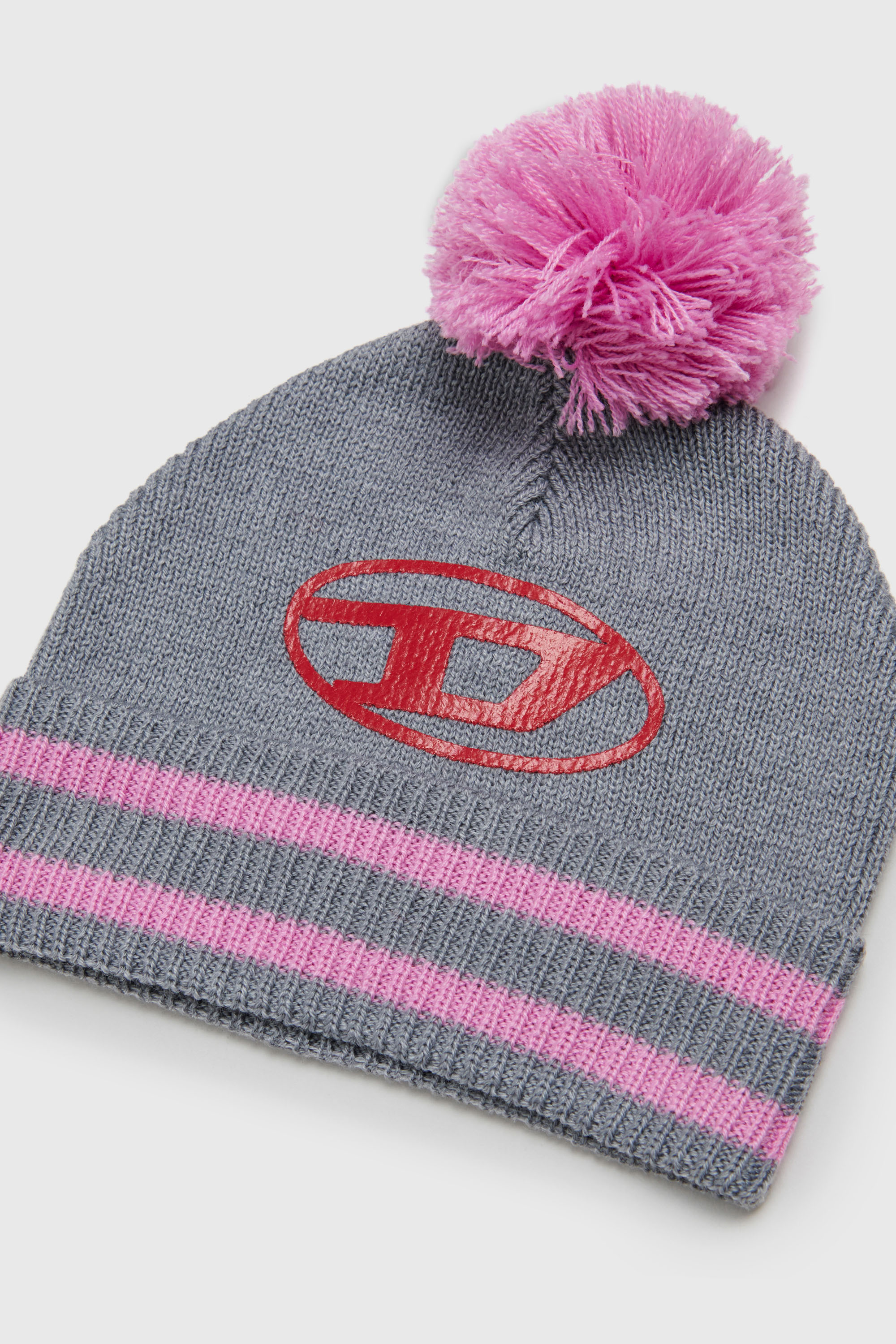 Diesel - FUTEEB, Unisex's Striped pom-pom beanie in wool blend in Grey/Pink - 3