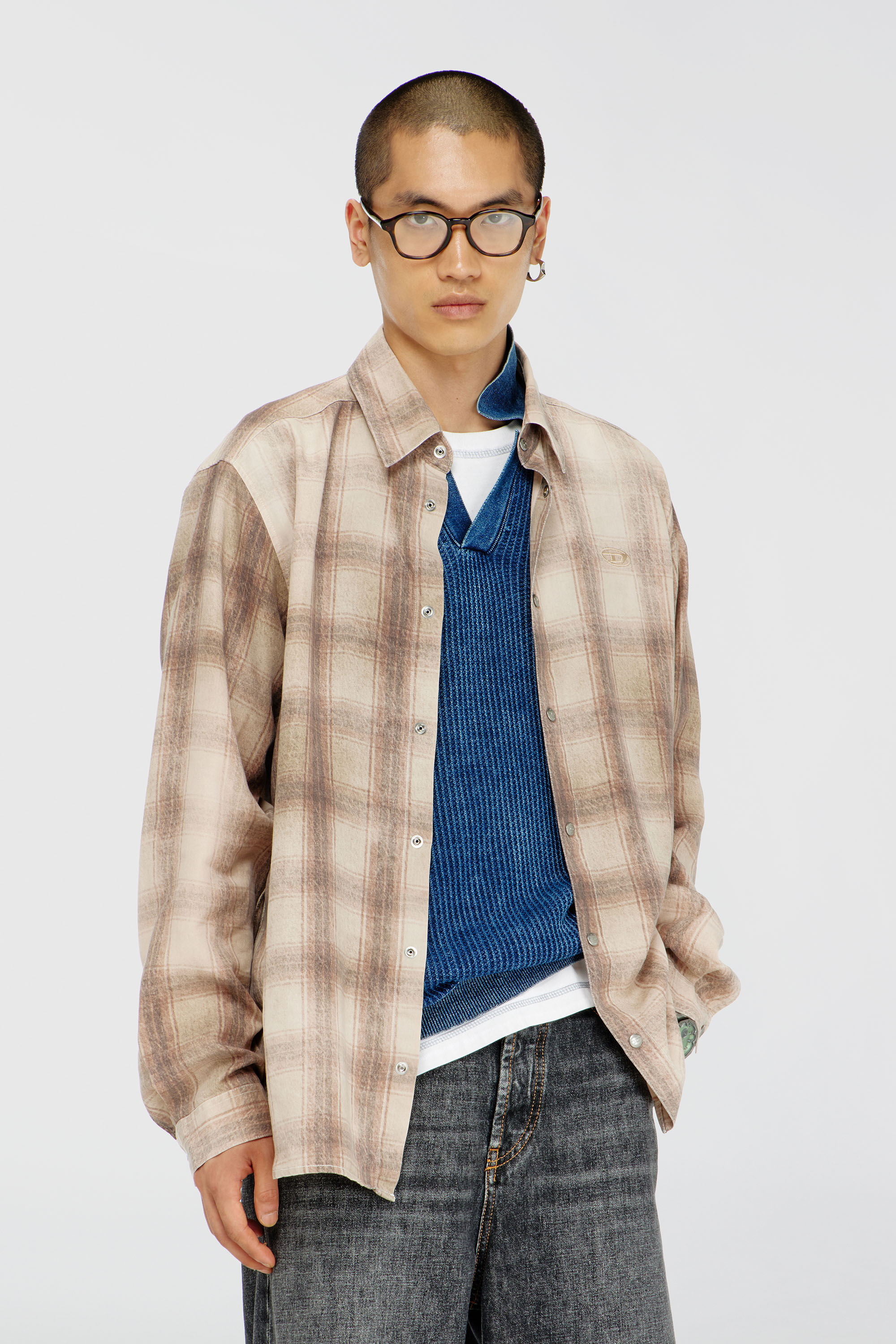 Diesel - S-SIMPLY-JMCM, Man's Check shirt in fluid fabric in Light Brown - 1