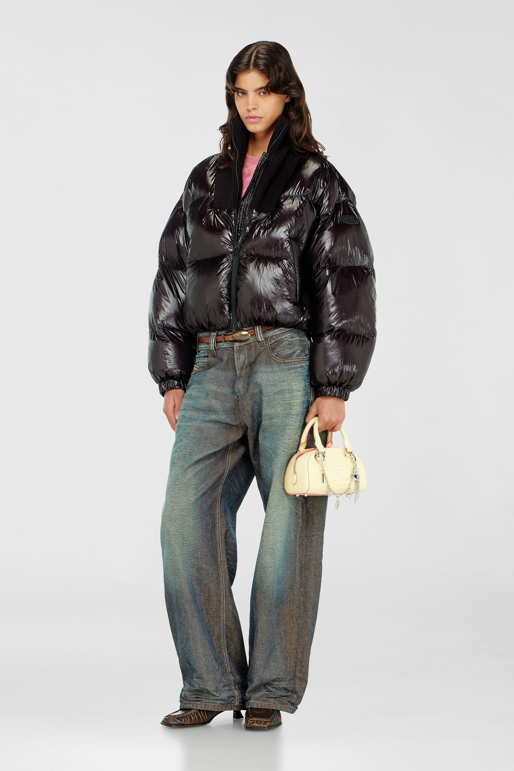 Diesel - W-ARRIOR, Woman's Down puffer jacket in ripstop with knitted collar in Black - 2