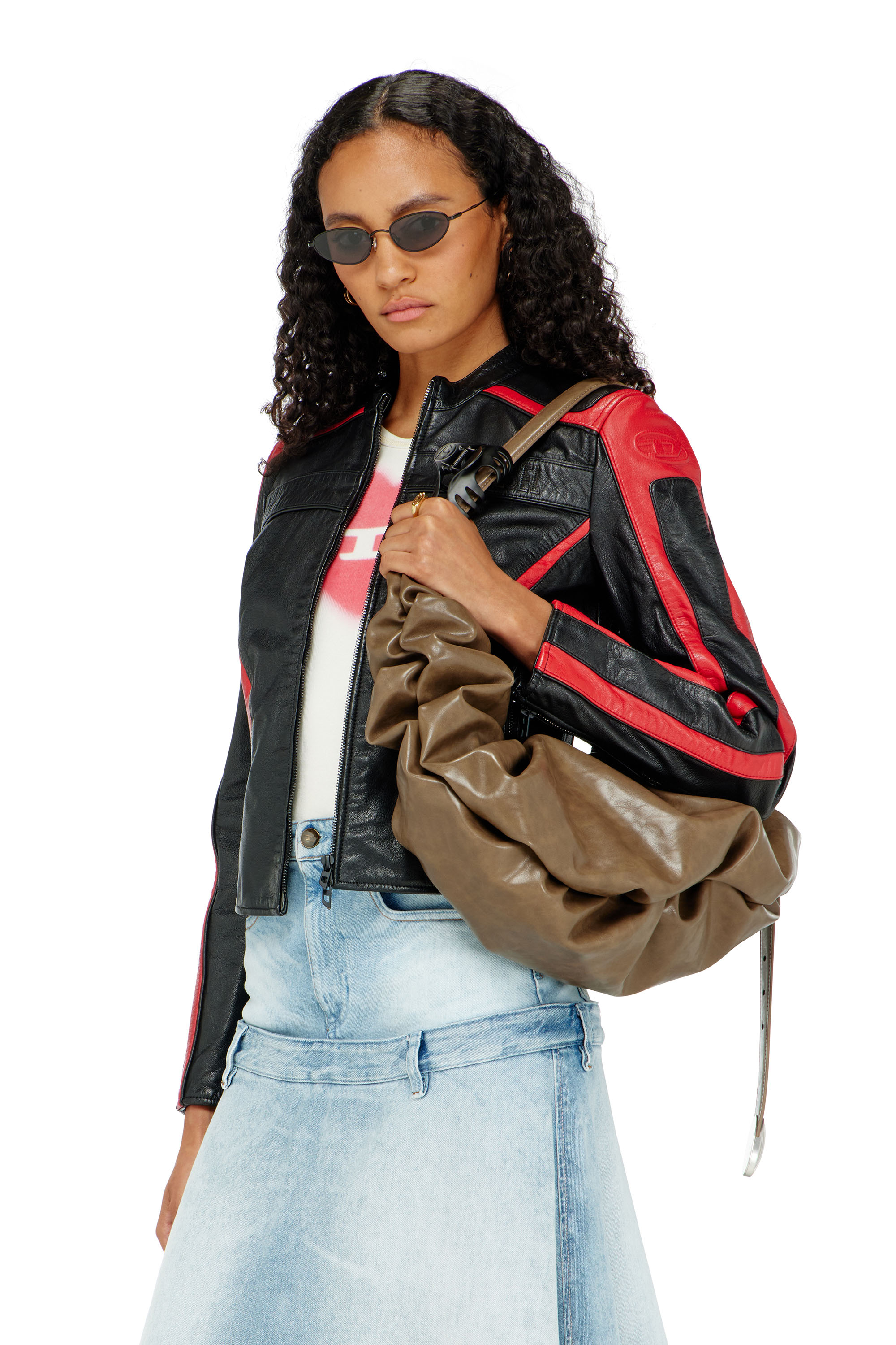 Diesel - L-OVABLE, Woman's Biker jacket in colour-block leather in Black/Red - 1