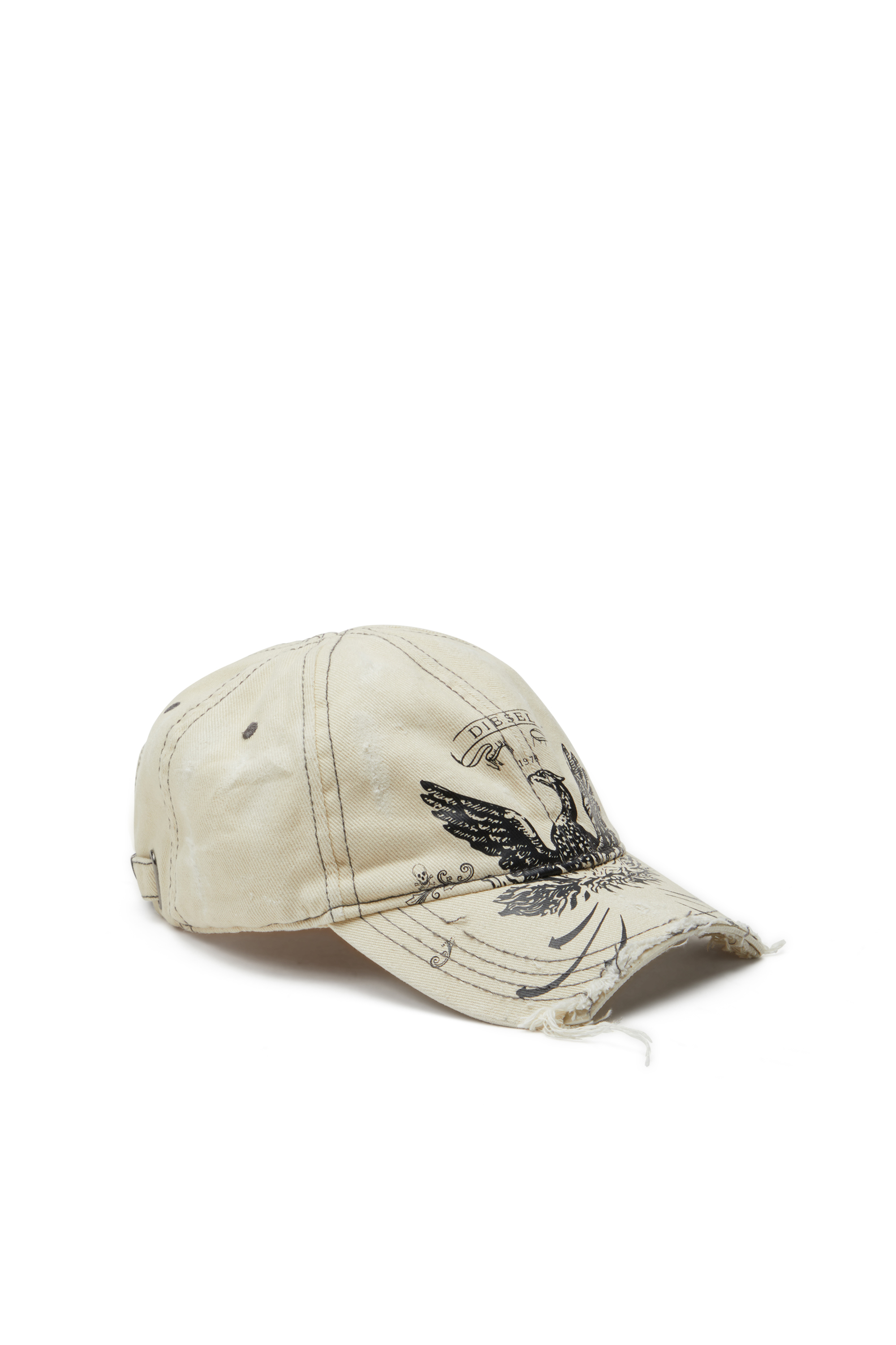 Diesel - C-FENIX, Man's Distressed baseball cap with Phoenix print in White - 1