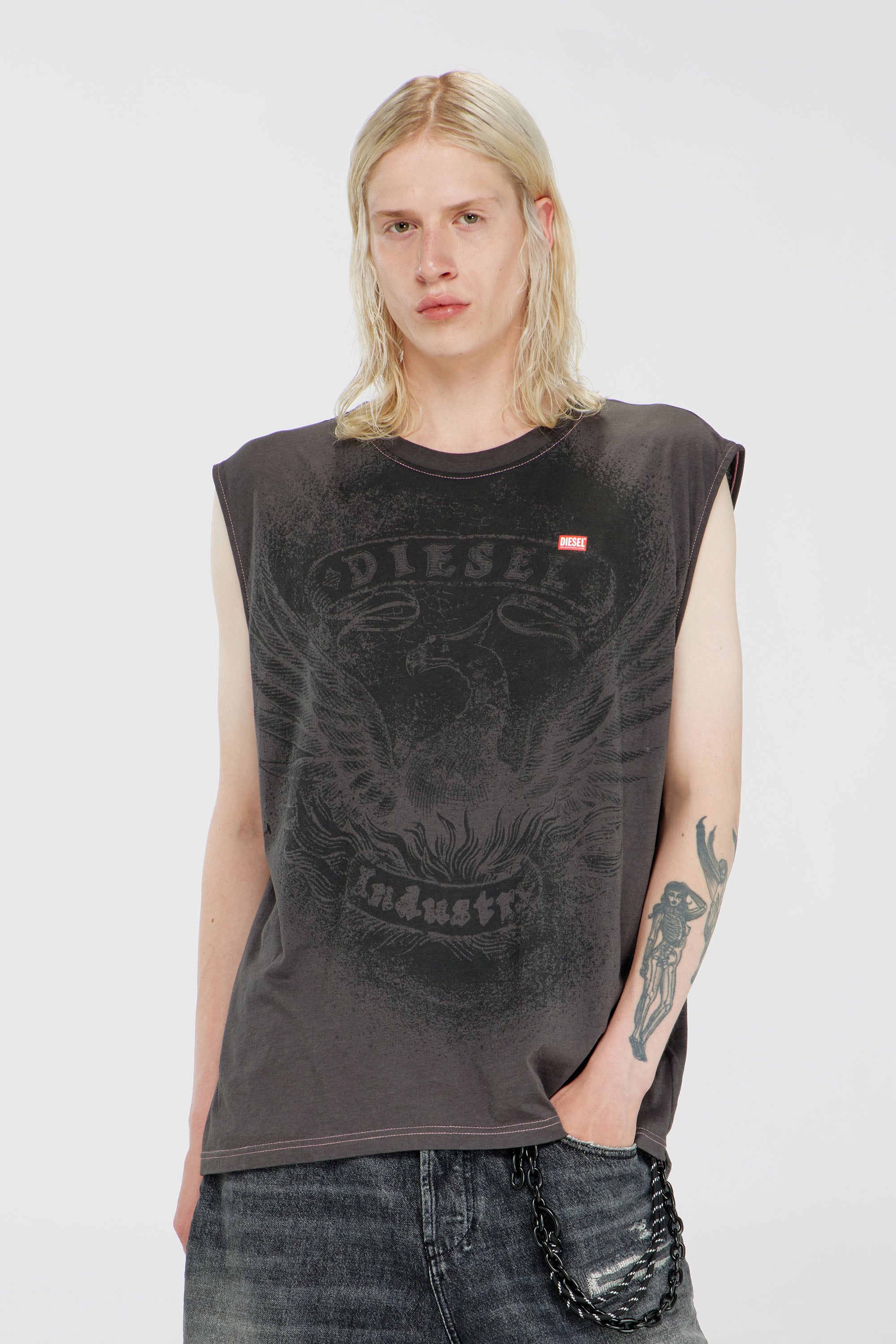 Diesel - T-BOXT-SL-NOTCH, Man's Sleeveless top in cotton with tonal graphic in Dark grey - 1