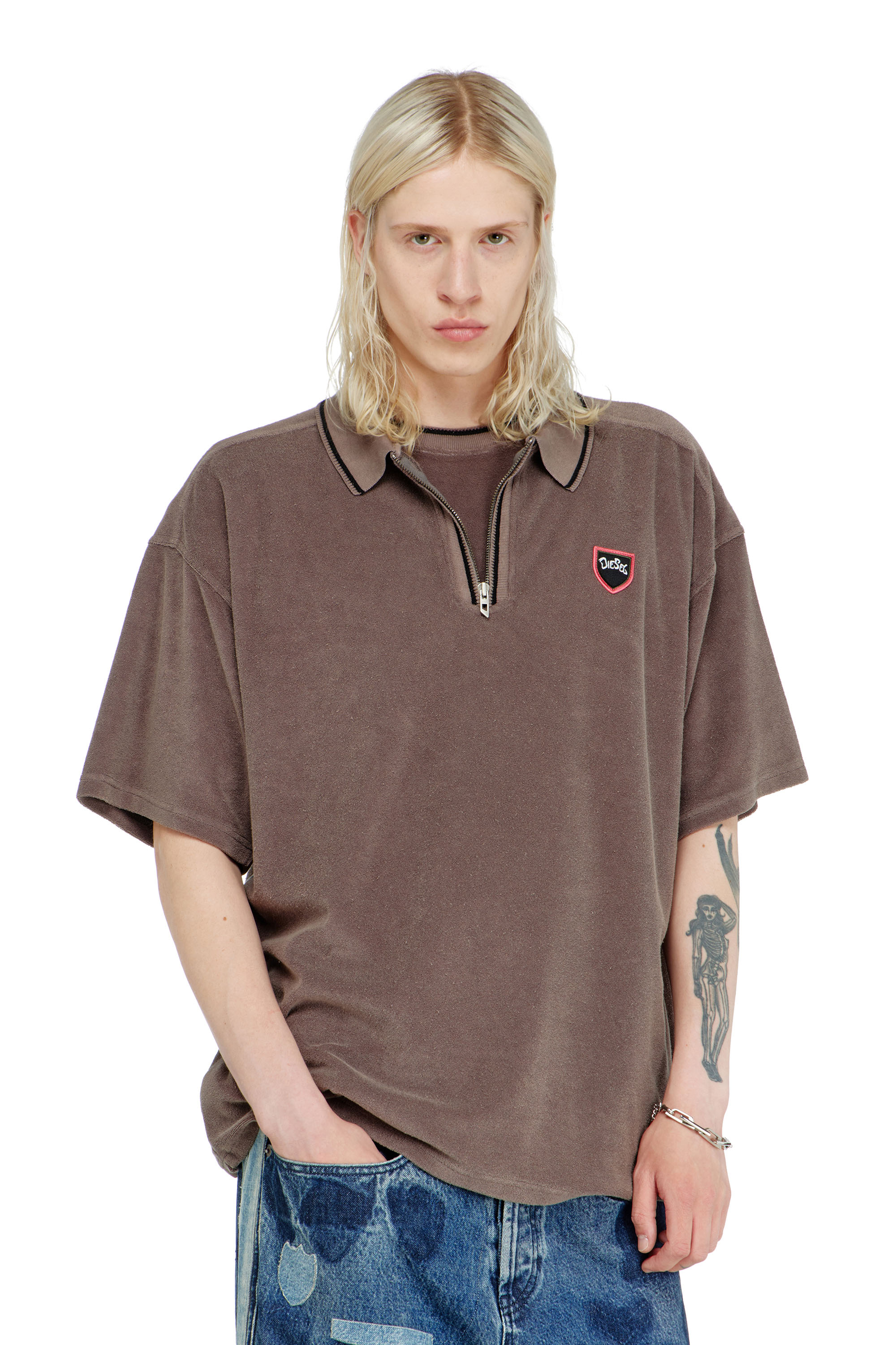 Diesel - T-SPONGY-ZIP, Man's Chenille polo shirt with shield patch in Brown - 1